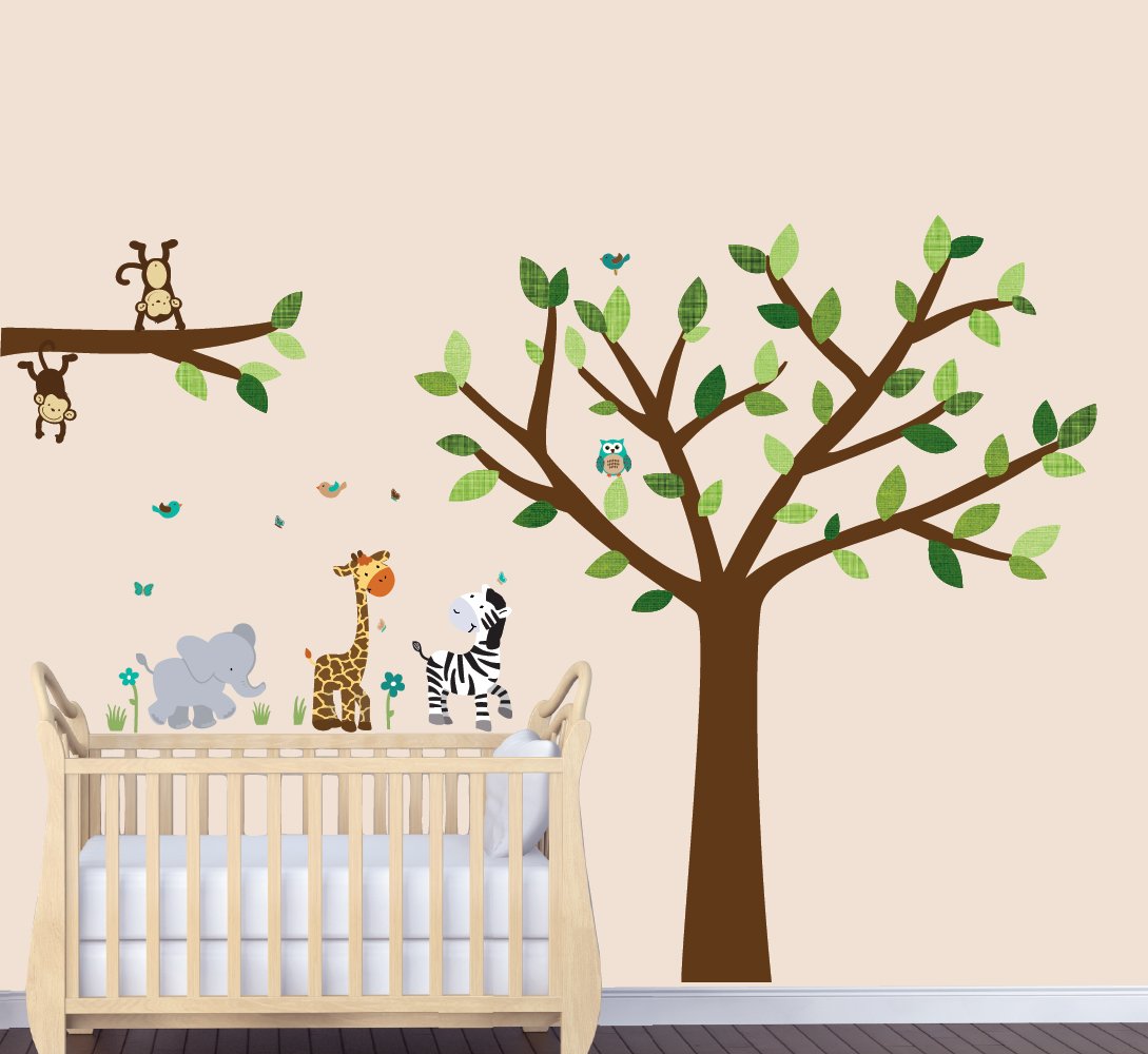 Fabric Tree Wall Decals - Jungle Safari Stickers with Evergreen Animals for Nursery, Kids Room & Home Decor | Removable Peel and Stick Wall Art