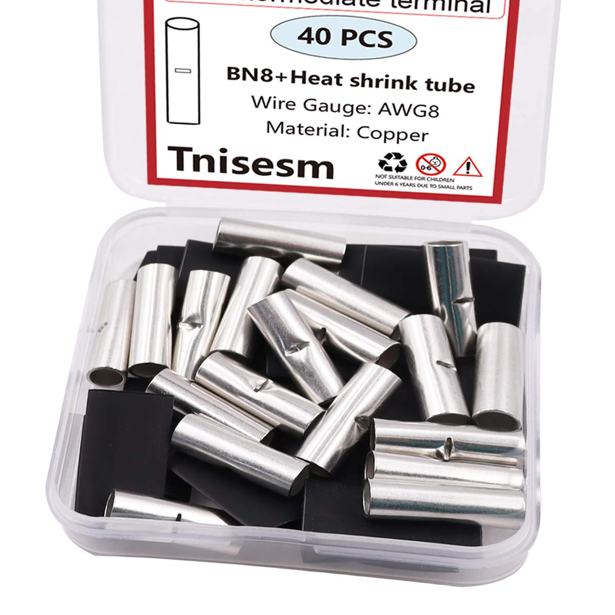 40 Pcs 8 AWG Non-Insulated Butt Connectors - Seamless Crimp Terminals for Automotive, Marine & Electrical Wiring | Tnisesm BN8 Wire Splice Connectors for Reliable Electrical Connections