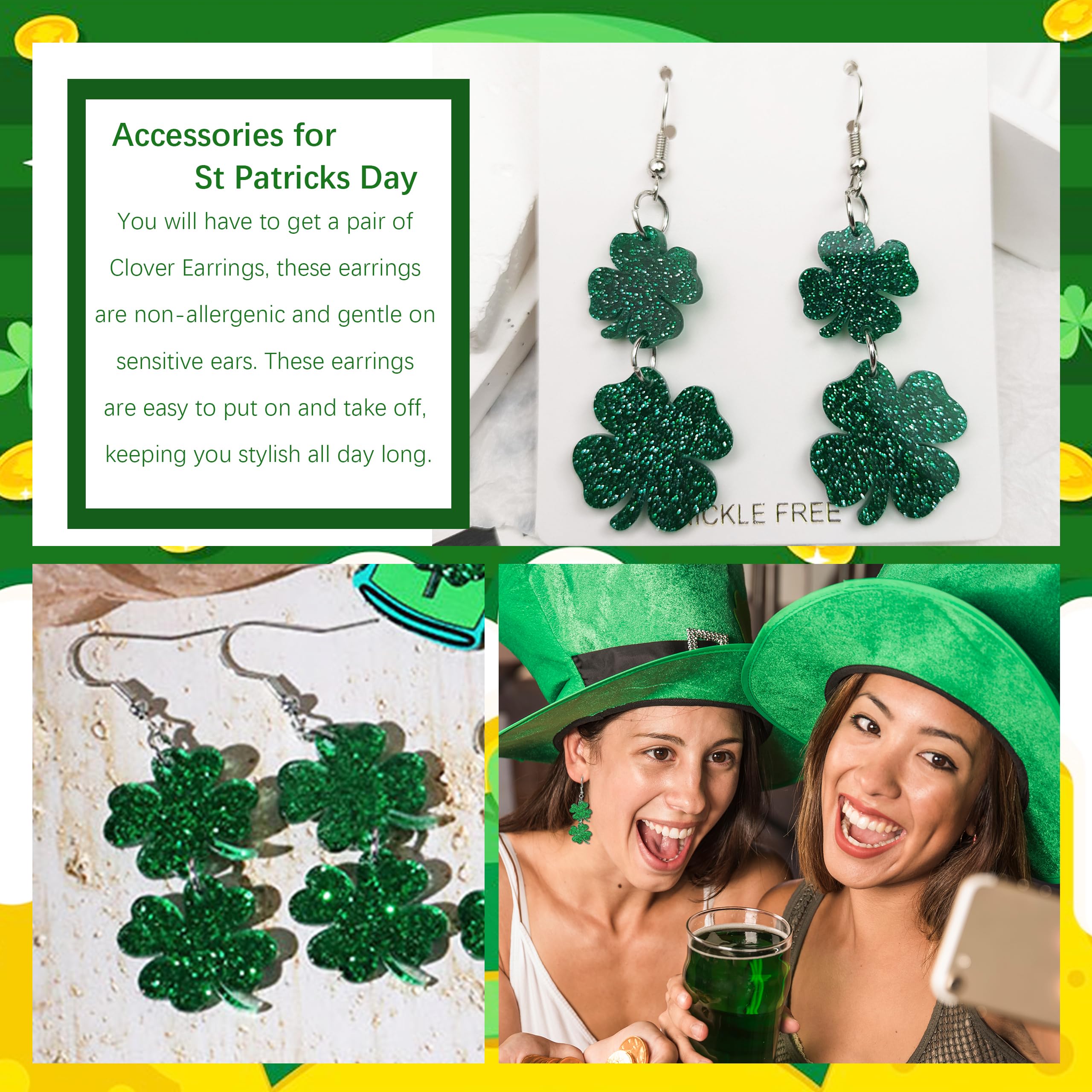 **Lucky Green Shamrock Earrings for Women - Irish Four Leaf Clover Dangle Earrings - St. Patrick's Day Accessories for Outfits & Shirts**    *Perfect for St. Patrick's Day Parties, Irish-Themed Events, and Festive Holiday Outfits!*