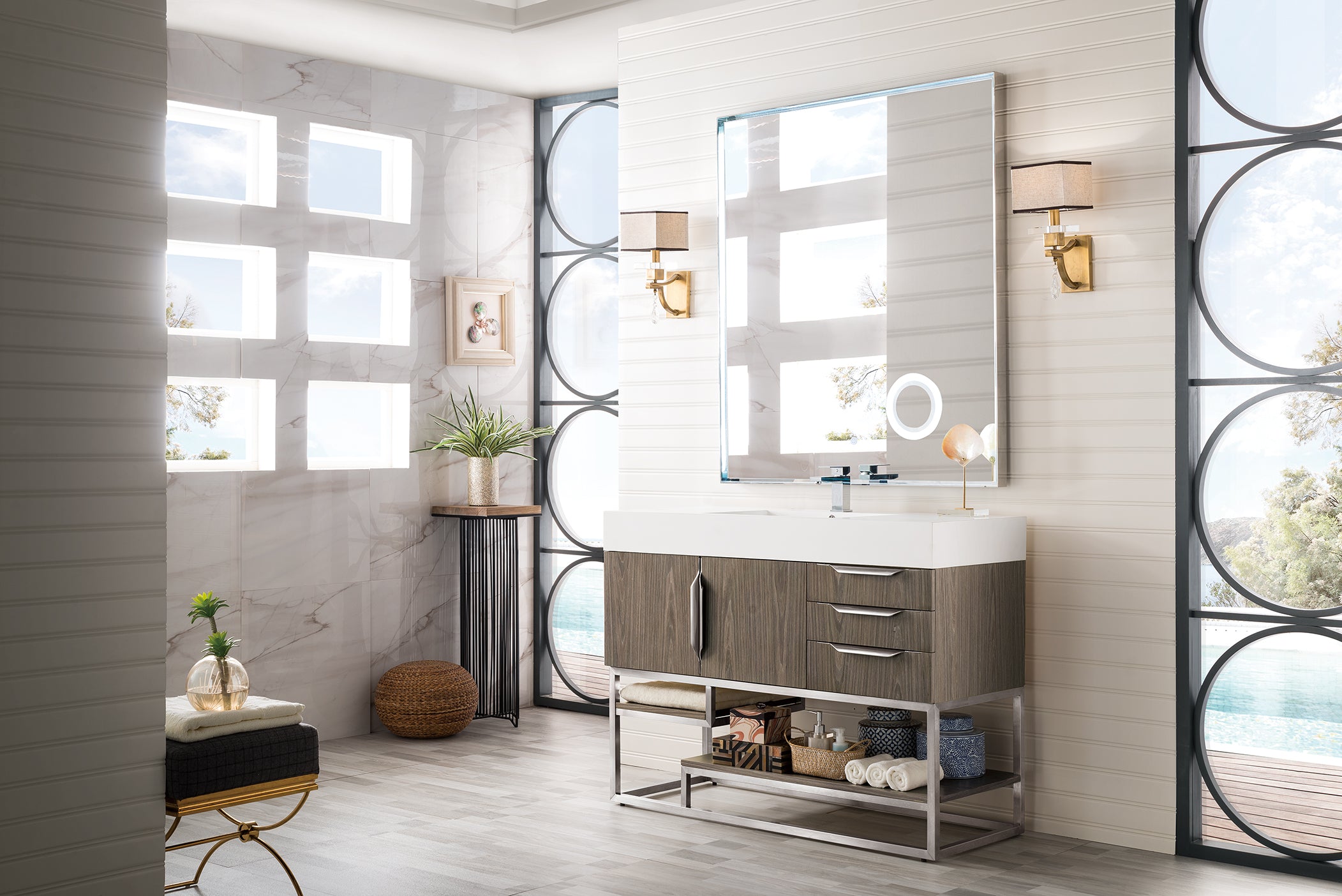 Columbia 48 Inch Single Bathroom Vanity in Ash Gray with Glossy White Composite Top - Perfect for Modern Master Bathrooms and Powder Rooms