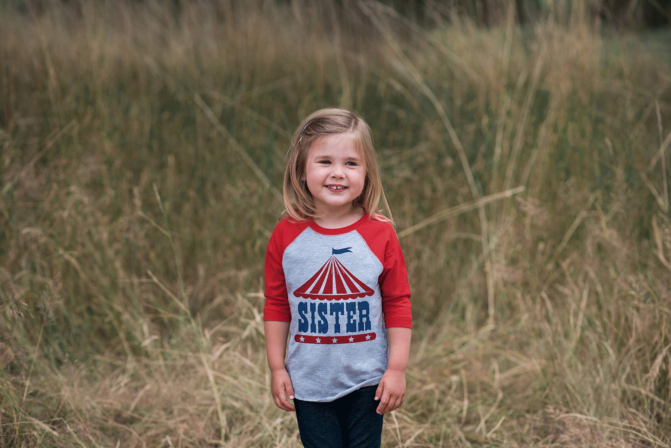 7 Ate 9 Apparel Girls Birthday Sister Circus Red Raglan T-Shirt - Fun Party Outfit for Kids Birthday Celebrations & Family Events