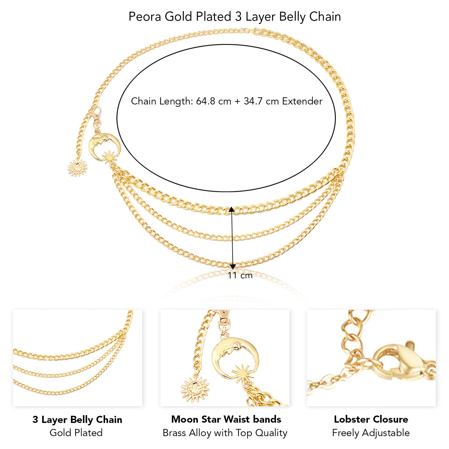 Peora Fashion 3 Layer Belly Chain Waist Jewelry for Women - Elegant Kamarbandh Multilayer Waist Chain Dress Belt for Beach, Party, and Festival Outfits