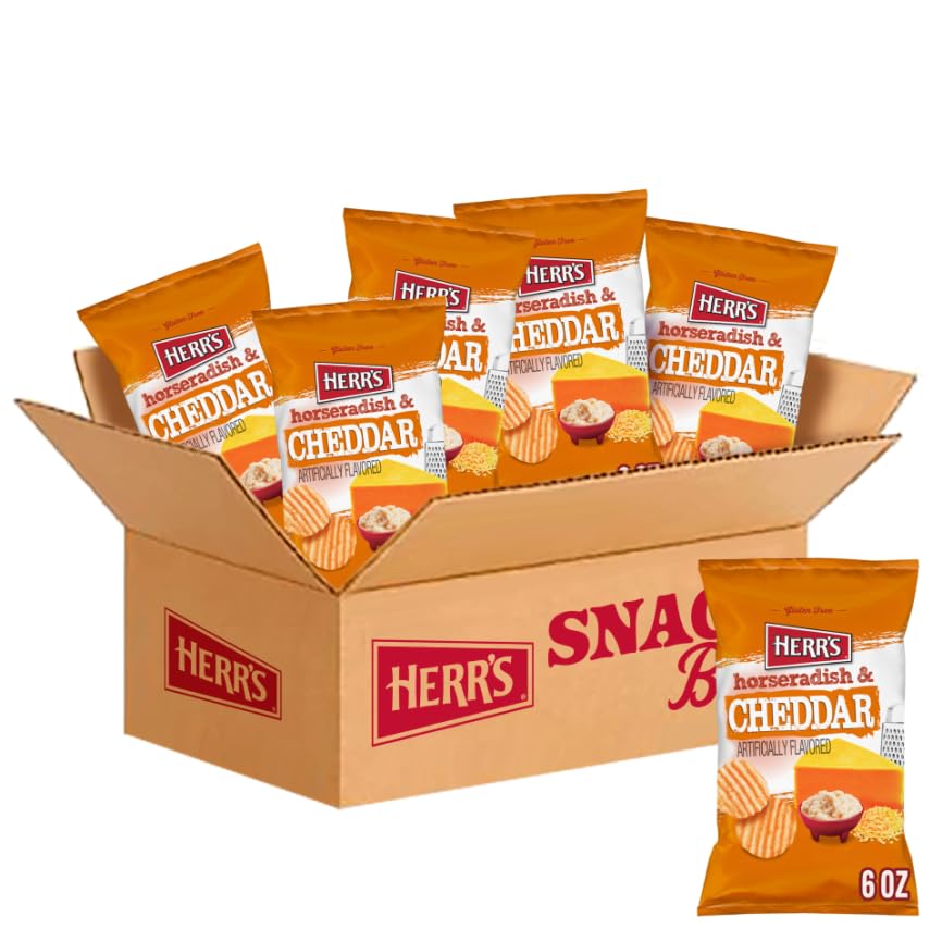 Herr’s Gluten Free Potato Chips - Horseradish & Cheddar Flavor - 6oz Bags (Pack of 6) - Crunchy Snacks for Parties, Lunch Boxes & Movie Nights