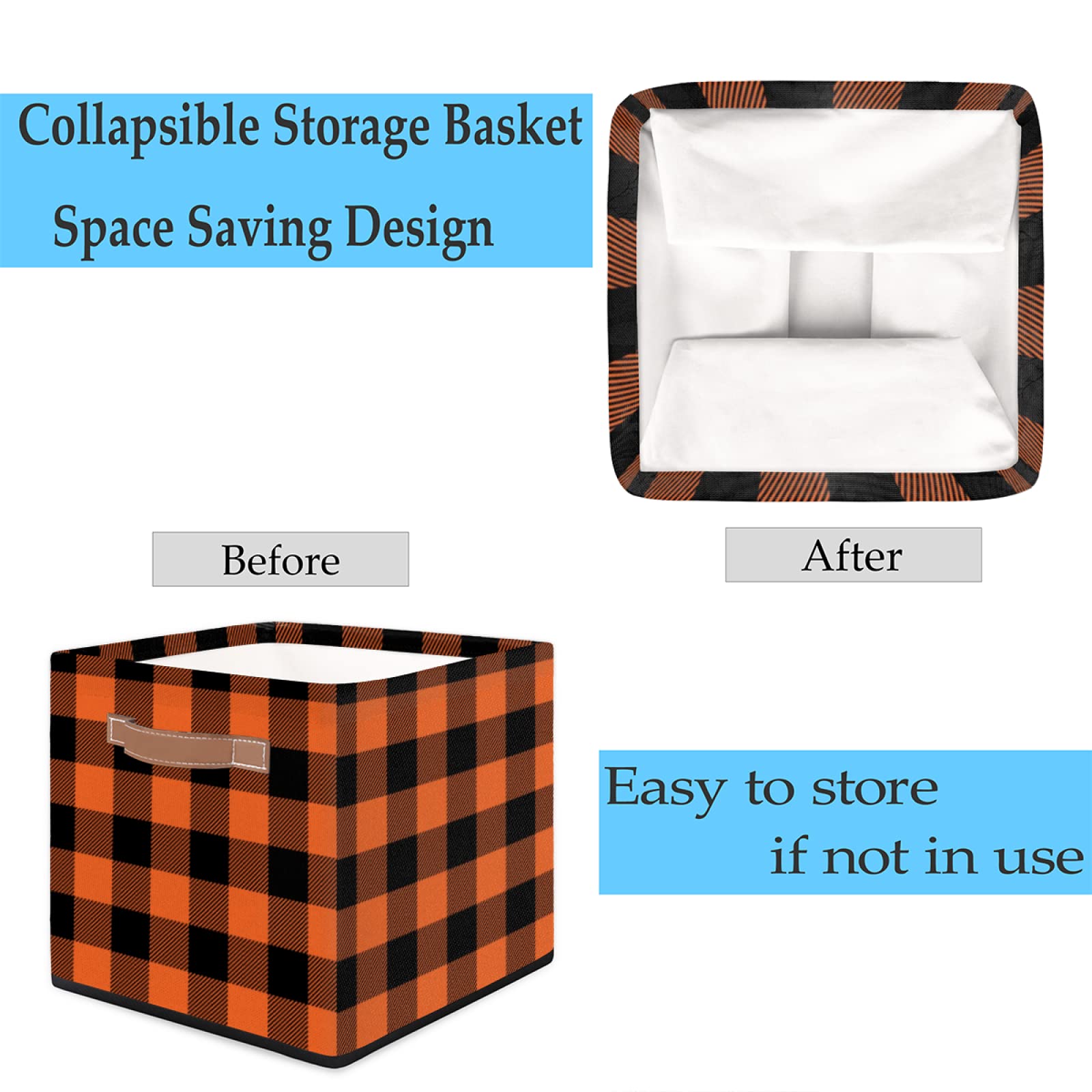 AUUXVA 13x13 Inch Large Collapsible Storage Cube Bin - Orange Black Plaid Check Fabric Basket with Handles for Home Organization | Perfect for Closet Shelves, Nursery Toys, Bedroom & Living Room Storage