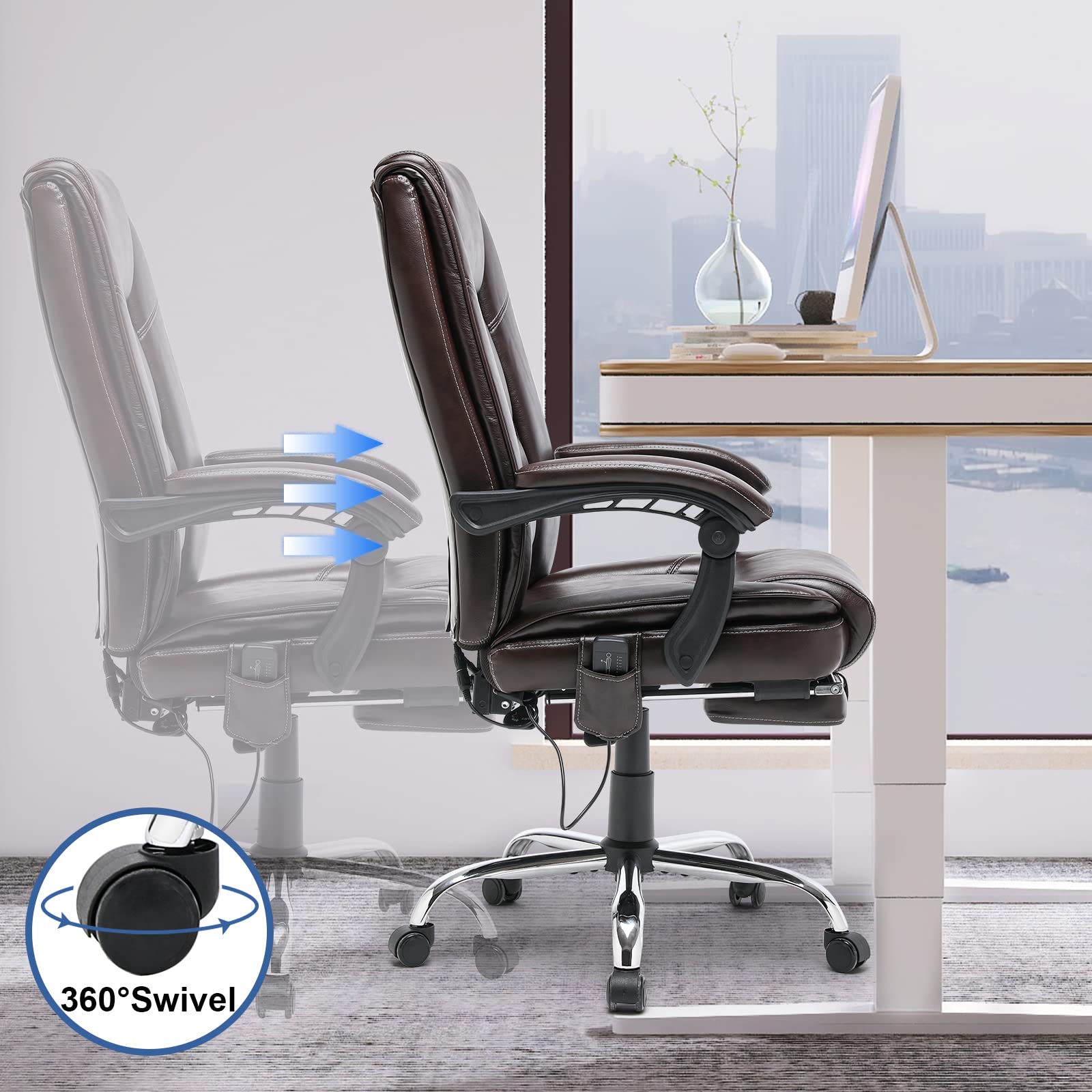 HOMREST 2-Point Massage Executive Office Chair with Footrest - Heated Reclining Ergonomic Desk Chair with Lumbar Support & Armrests - Brown Computer Chair for Home Office, Gaming & Workstation Use