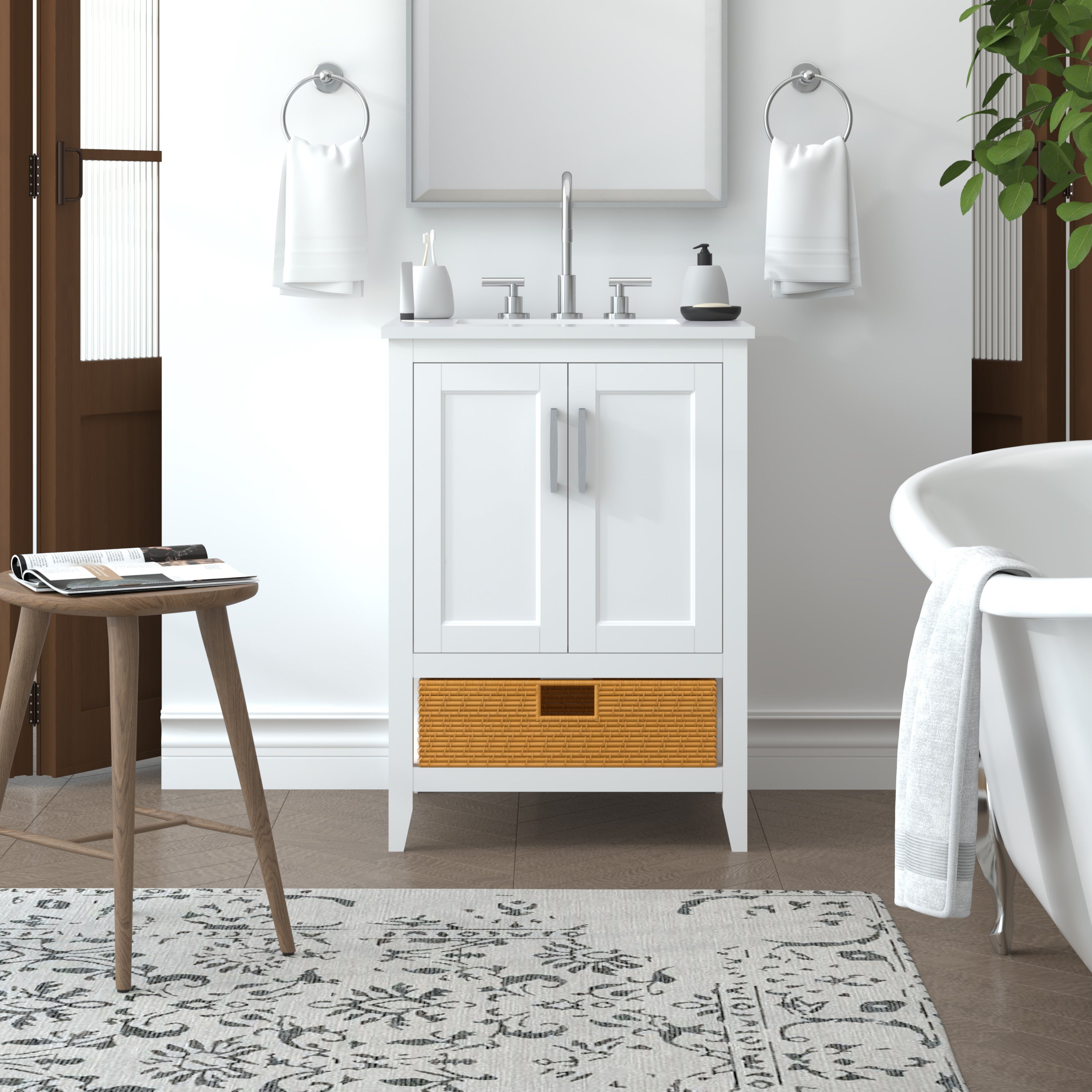 23.5 Inch White Bathroom Vanity Cabinet by Nearmé New York - Modern Single Sink Storage for Small Bathrooms & Powder Rooms