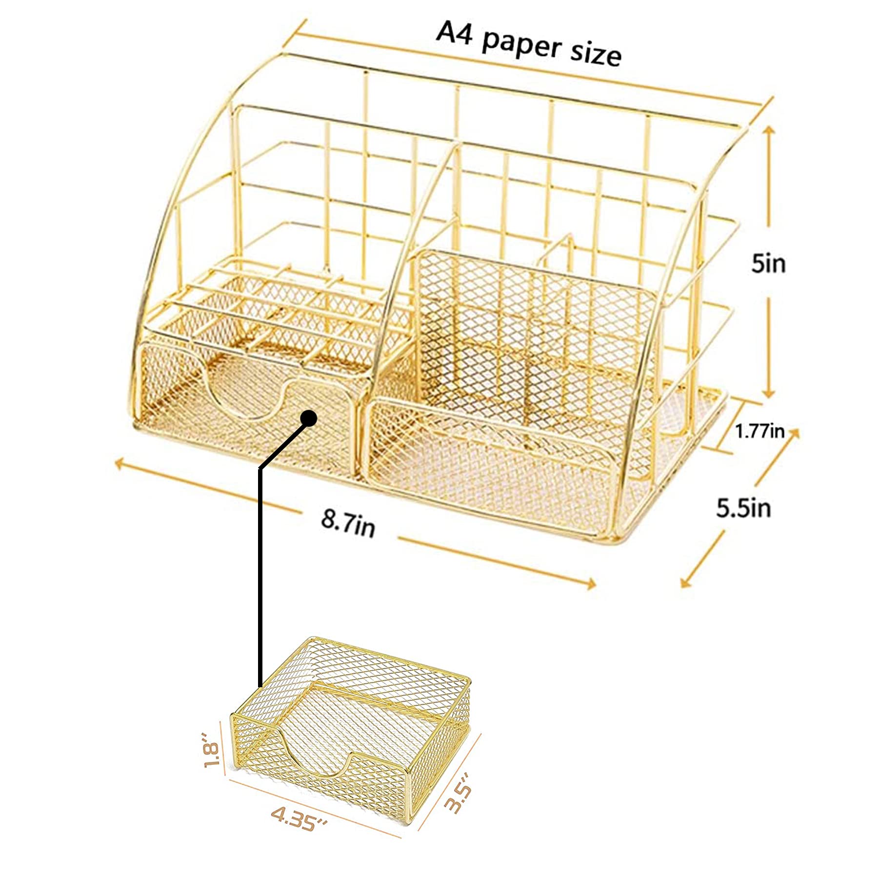 Gold Desk Organizer Set - All-in-One Desktop Organizer with Pen Holder, Pencil Holder & Paper Tray | Stylish Mesh Office Accessory with Drawer for Home & Office Supplies | Perfect for Work Desks, Study Areas & Gift Giving