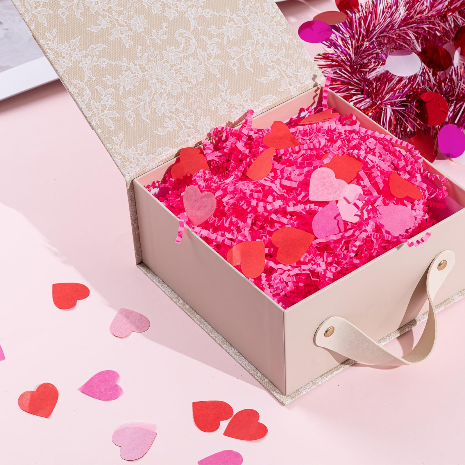1LB Pink Crinkle Cut Paper Shred with Heart Confetti - Valentine's Day Gift Wrapping Filler, DIY Craft Packaging, Party Decoration Supplies for Gift Baskets, Wedding Favors & Scrapbooking