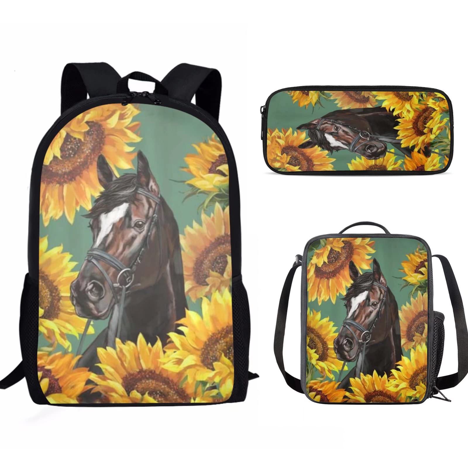 SEANATIVE 3-Piece Backpack Set for Teen Girls - Horse & Yellow Sunflower Print School Bag, Travel Daypack, Lunch Bag & Pencil Case | Perfect for School, College, Travel & Daily Use