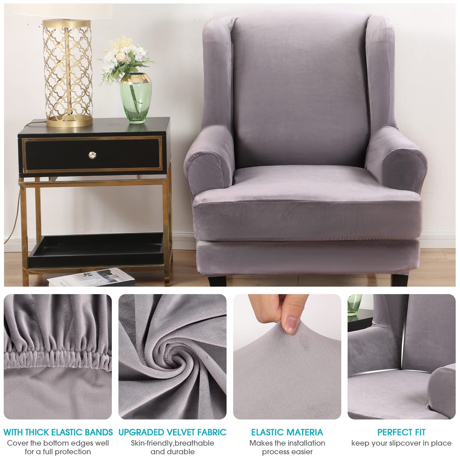 TOPCHANCES 2-Piece Stretch Velvet Wingback Chair Slipcover - Soft Plush Elastic Armchair Cover for Wingback Chairs | Perfect for Living Room, Bedroom & Home Decor