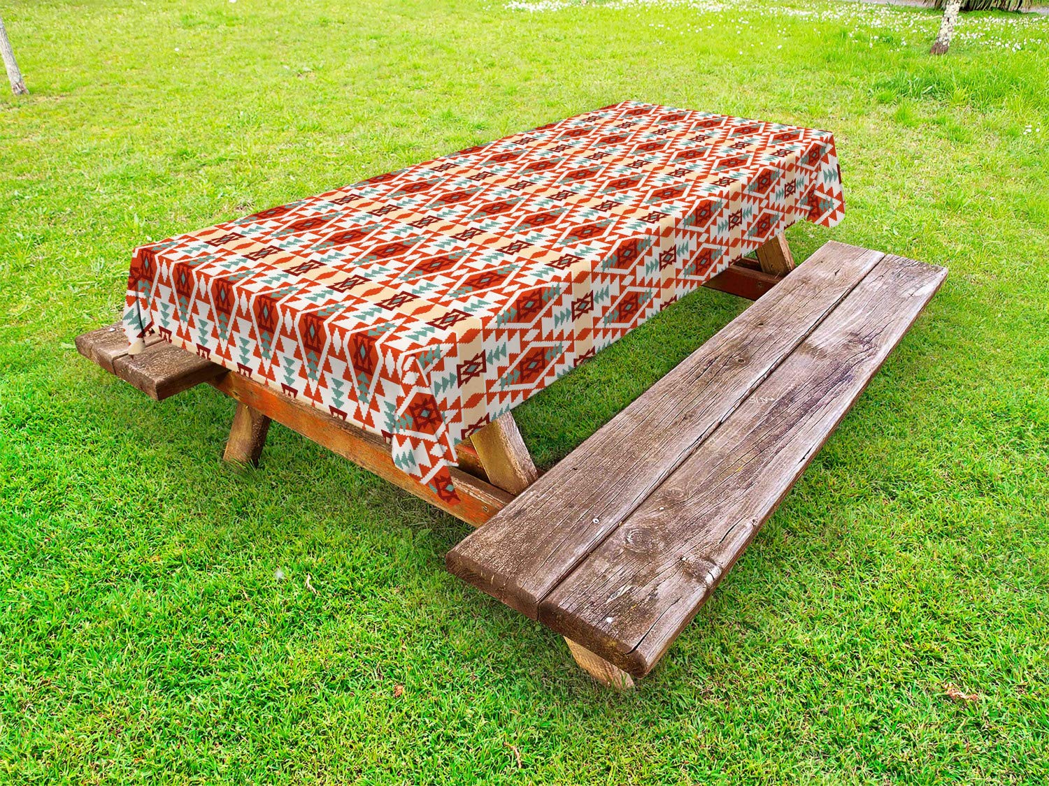 Ambesonne Tribal Outdoor Tablecloth - Prehistoric Aztec Folk Geometric Triangle Design, Washable Picnic Table Cover 58x120 Inches, Teal Cream Red - Perfect for Outdoor Dining, BBQs, Picnics & Patio Decor