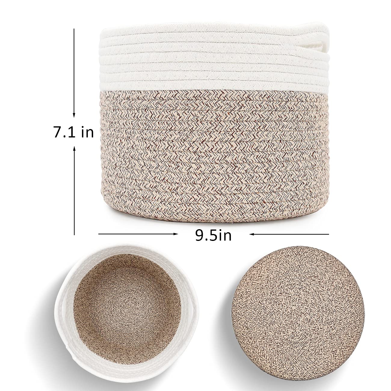 Round Woven Rope Basket with Handle - 9.5x9.5x7.1 Inch Cotton Storage Basket for Nursery, Shelf & Home Decor - Brown Beige Mixed Design - 8.2L Capacity - Perfect for Baby Room Organization, Bathroom Towels & Living Room Storage