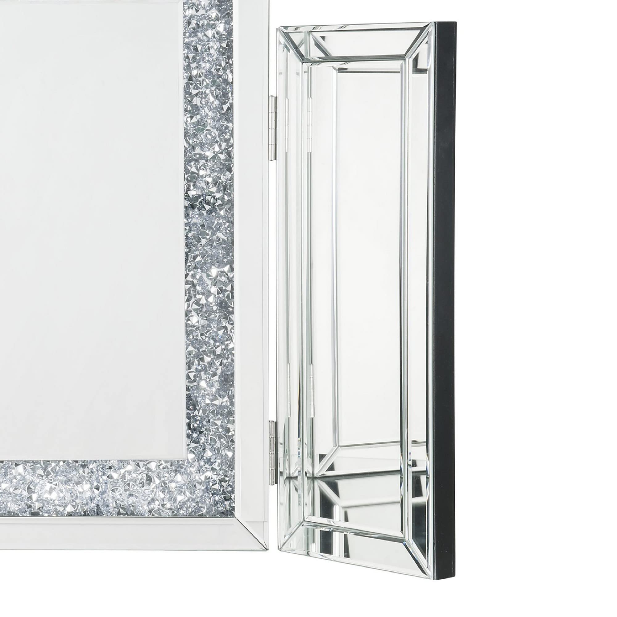 Benjara Silver Tri-Fold Mirror Panel with Faux Diamond Accents - Elegant Home Decor for Bedroom, Living Room & Vanity Makeup Area
