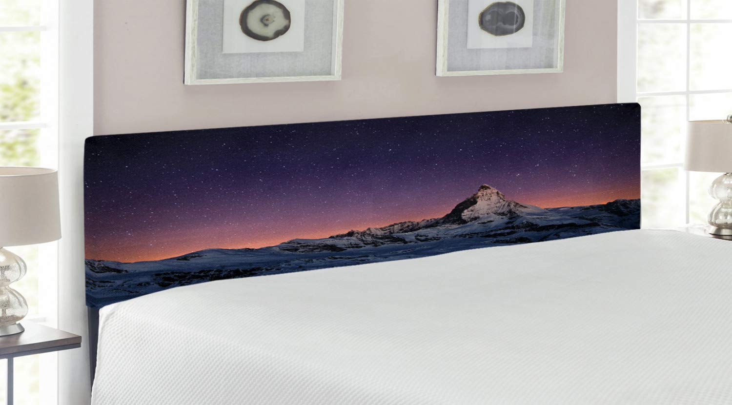 Ambesonne King Size Upholstered Headboard with Memory Foam - Matterhorn Peak Zermatt Switzerland Galactic View Design, Purple Coral Beige Decorative Metal Bed Headboard for Master Bedroom & Guest Room Decor