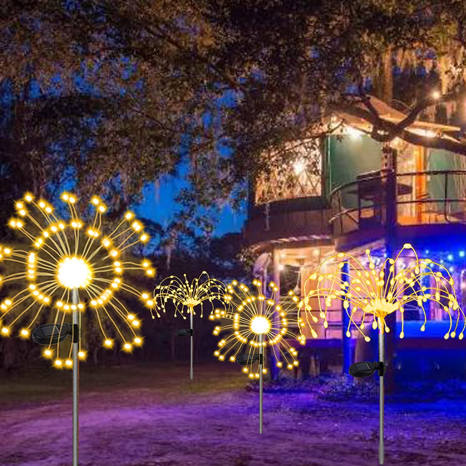 XVZ Solar Garden Lights - 2 Pack 120 LED Solar Powered Firework Lights with 2 Modes, Waterproof Outdoor Decorative Lighting for Walkway, Pathway, Backyard, Christmas & Party Decor (Warm White) - Perfect for Landscape Lighting, Patio Ambiance & Holiday Celebrations