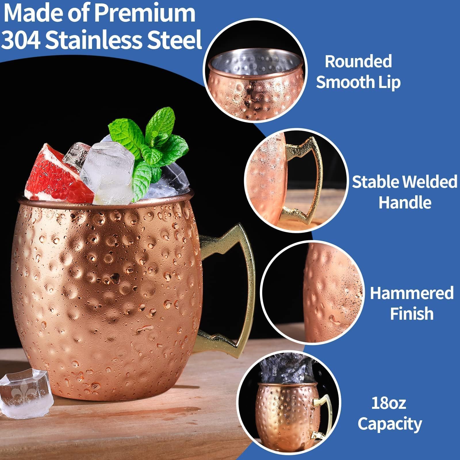 LINALL Moscow Mule Copper Mugs - Set of 6 (18oz) Copper Plated Stainless Steel Cups for Cocktails, Iced Coffee & Chilled Beverages - Perfect for Parties, Bars & Home Entertaining