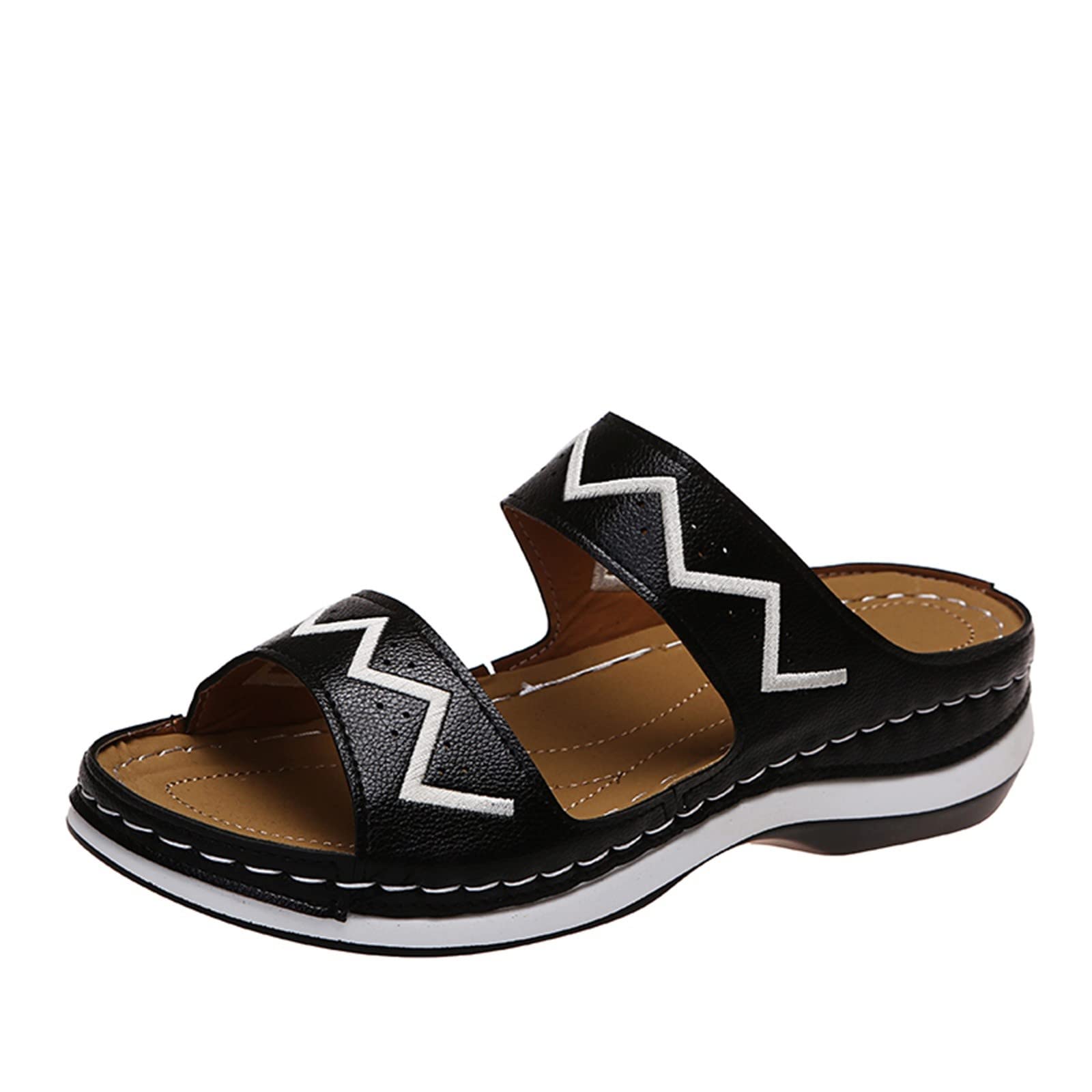Women's Black Saltwater Sandals Size 9 - Round Toe Wave Pattern Wedge Sandals for Beach, Vacation & Summer Outfits | Comfortable Open-Toe Shoes for Walking, Travel & Casual Wear