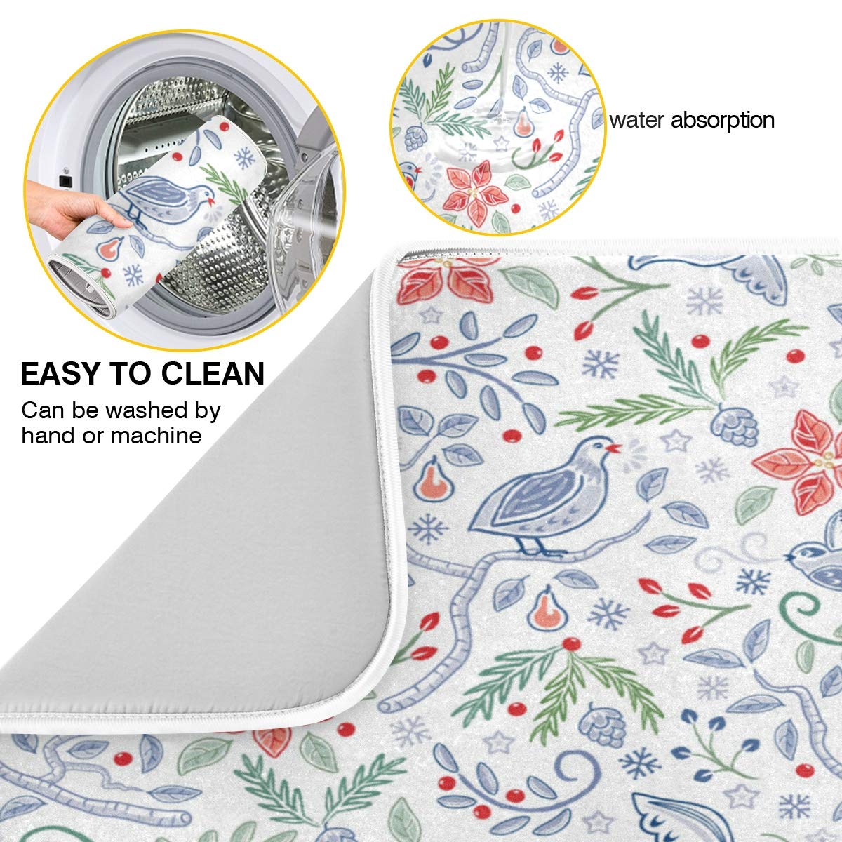 Reversible Microfiber Dish Drainer Mat 16x18in - Floral Birds Kitchen Drying Mat for Sinks & Countertops