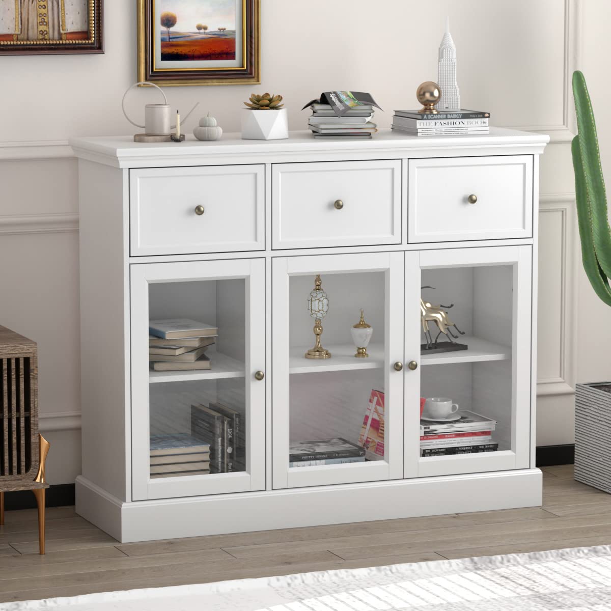 AIEGLE White Buffet Cabinet with 3 Drawers & Acrylic Glass Doors - 47.2