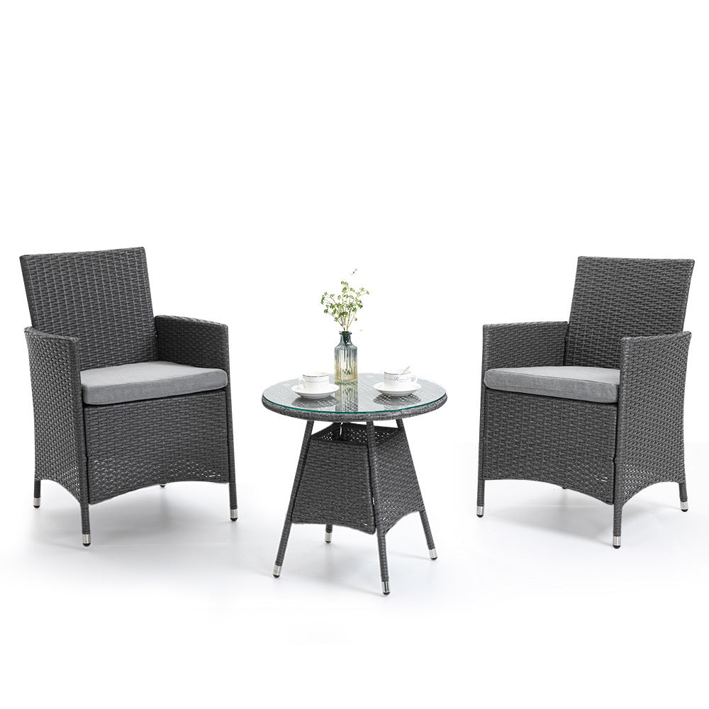 3 Piece Outdoor Patio Furniture Set - Grey Wicker Table and Chairs for Garden, Backyard, Poolside & Balcony Relaxation