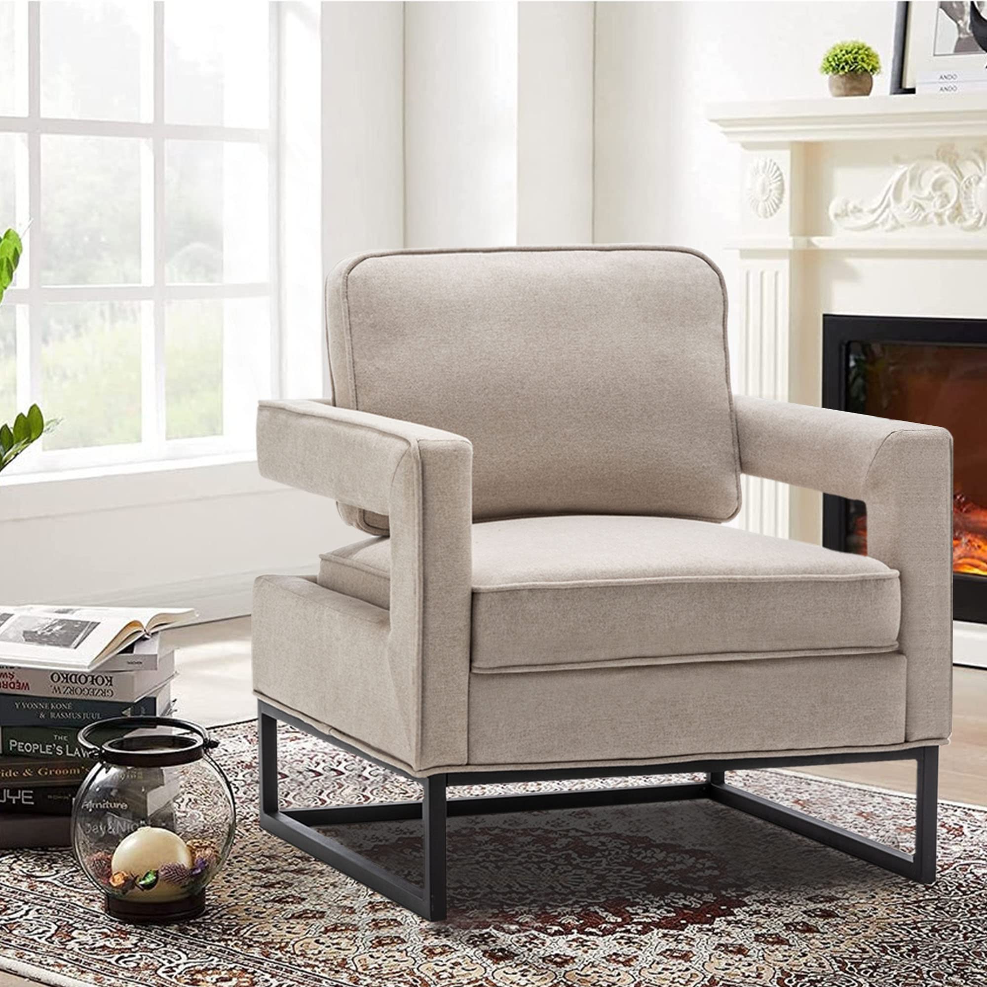 Andeworld Mid Century Modern Accent Chair - Upholstered Armchair for Living Room, Bedroom & Apartment - Comfortable Lounge Chair for Reading & Relaxing - Beige Fabric Sofa Chair - Perfect for Small Spaces & Home Decor