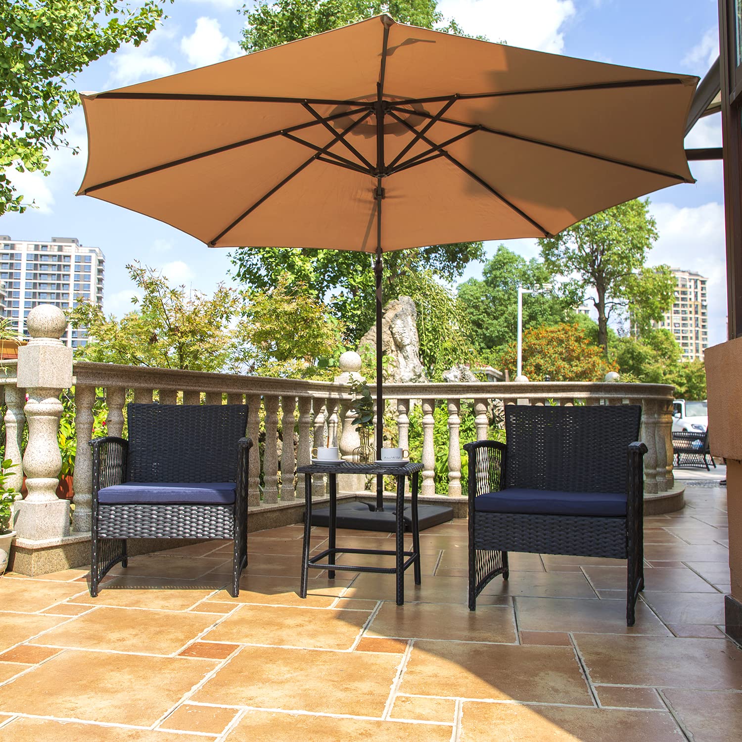 3-Piece Rattan Wicker Bistro Set for Outdoor Patio - Black/Gray & Navy, Weather-Resistant Conversation Seating for Garden, Balcony or Poolside Relaxation