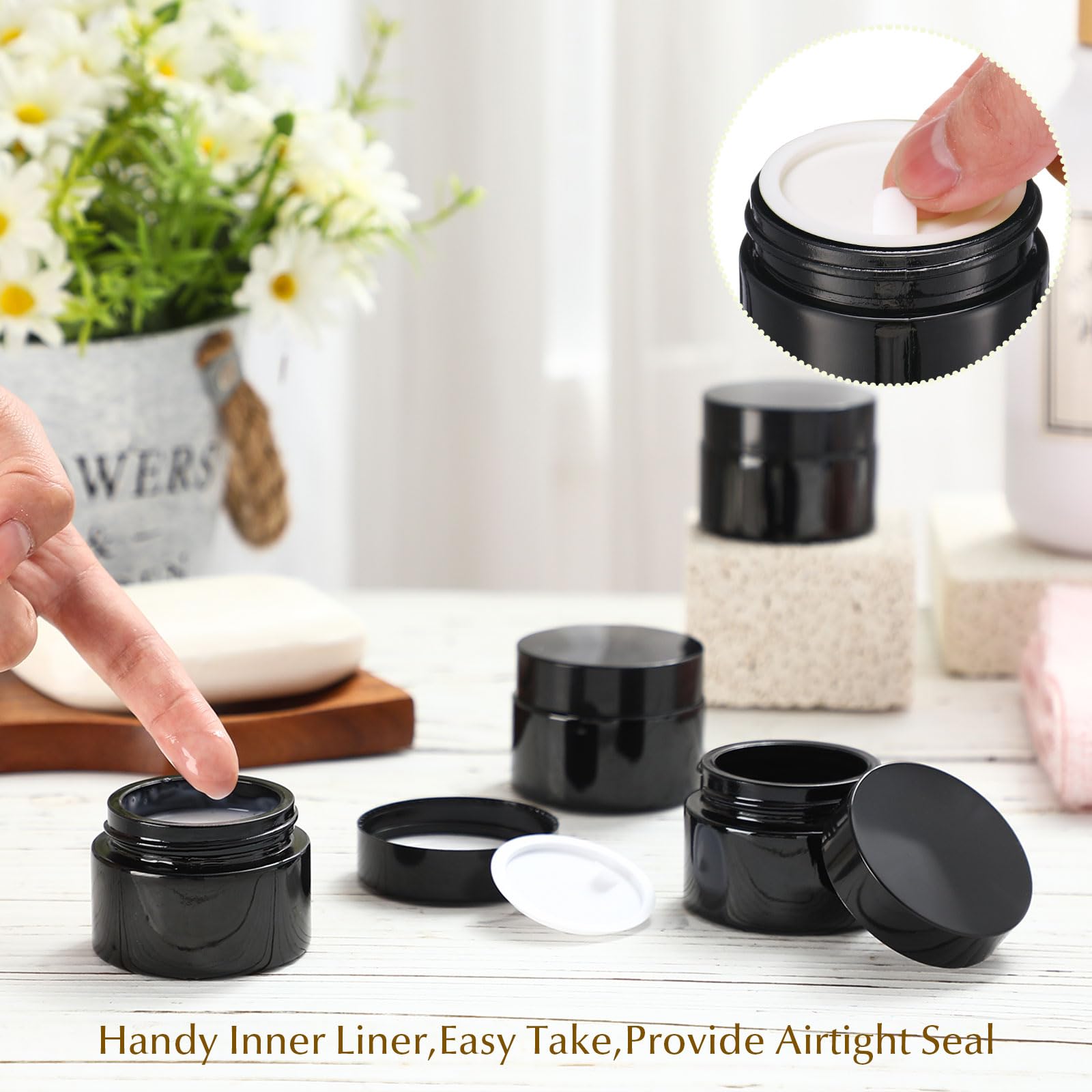 Domensi 60-Pack 1oz Glass Jars with Black Lids - Small Cosmetic Containers for Salves, Lotions, Creams & Travel-Sized Candle Making - Airtight Sample Jars with Inner Liners for DIY Beauty, Skincare & Home Fragrance Projects