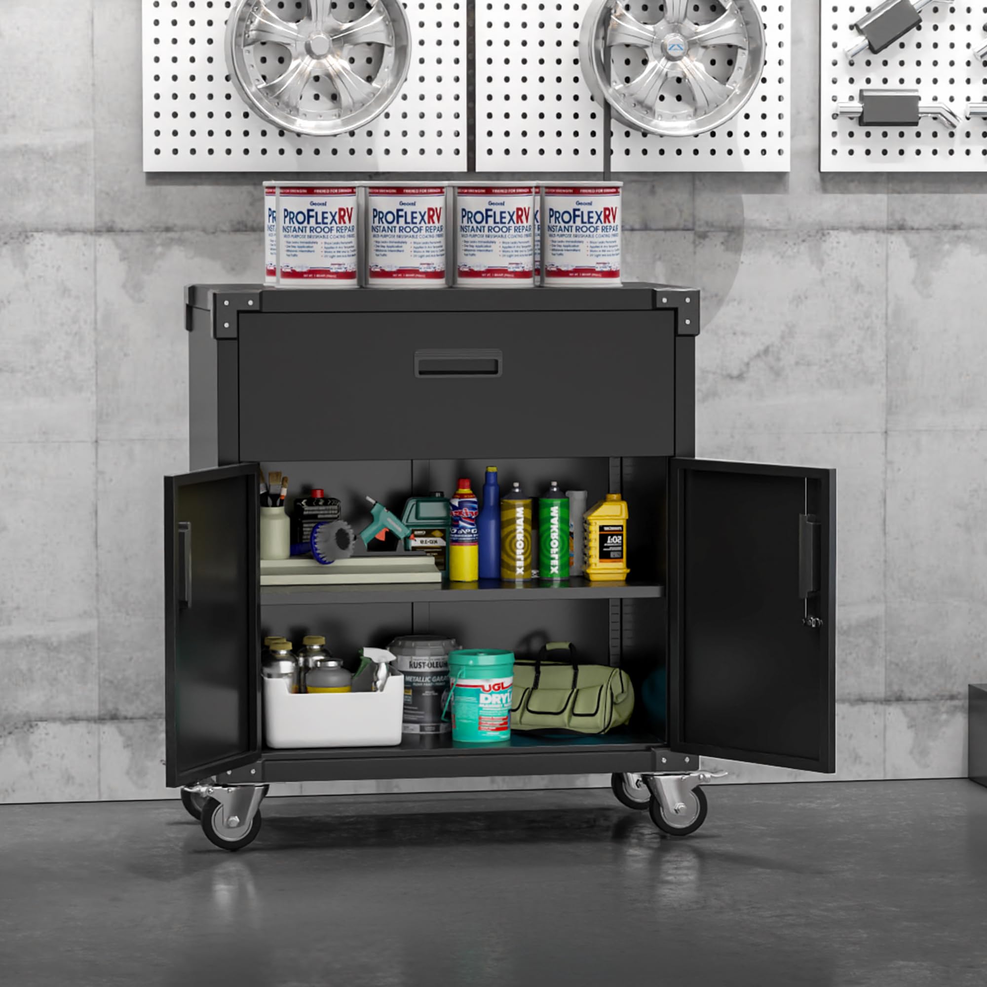 Heavy-Duty Metal Garage Storage Cabinet with Wheels - 2 Doors & 1 Drawer Mobile Steel Utility Cabinet for Garage, Workshop, Home & Office Organization - Easy Assembly (Black) | Perfect for Tools, Cleaning Supplies & Home Storage Solutions