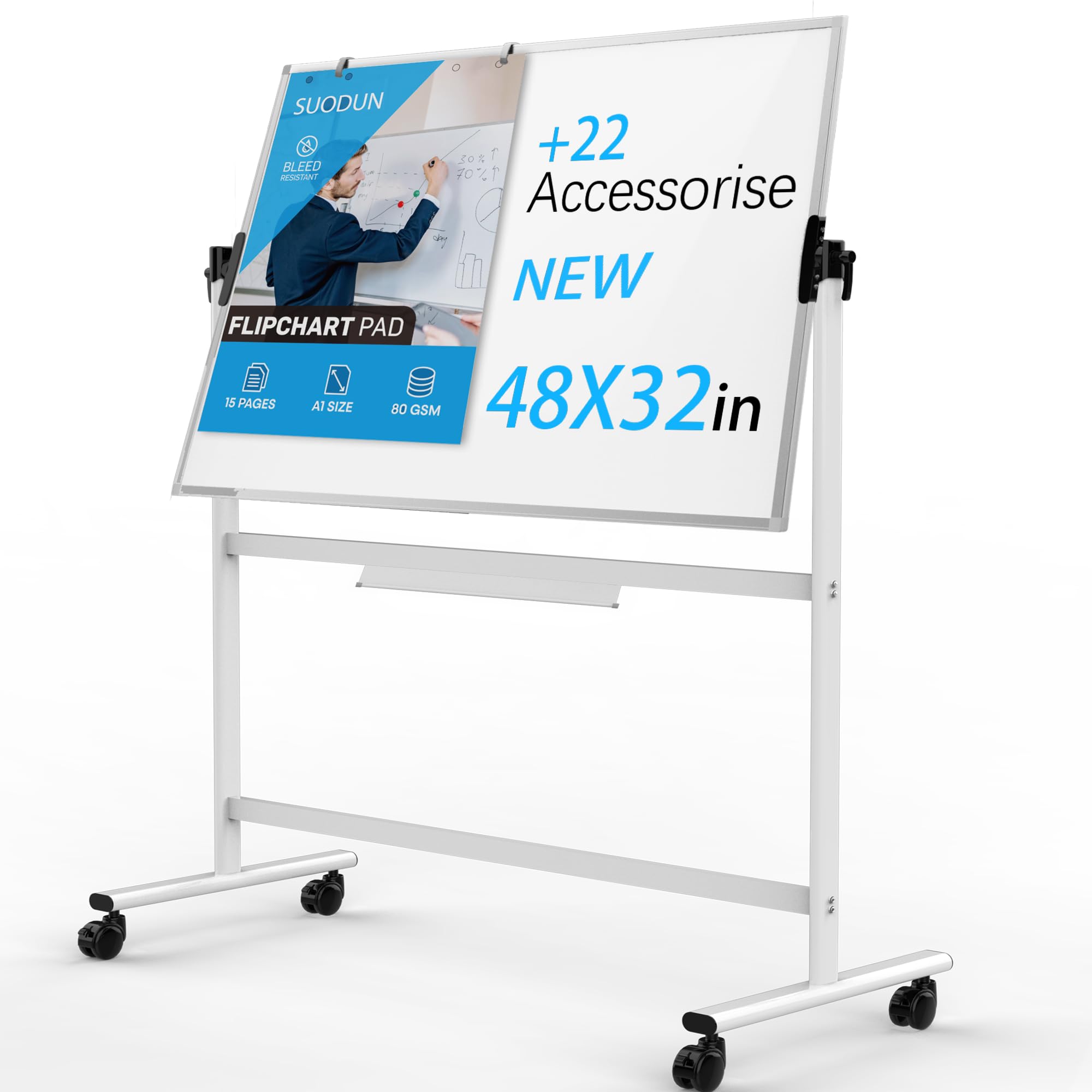 Adjustable Angle Rolling Whiteboard with Stand - Mobile Dry Erase Board on Wheels for Homeschooling, Office Meetings & Classroom Presentations (White)