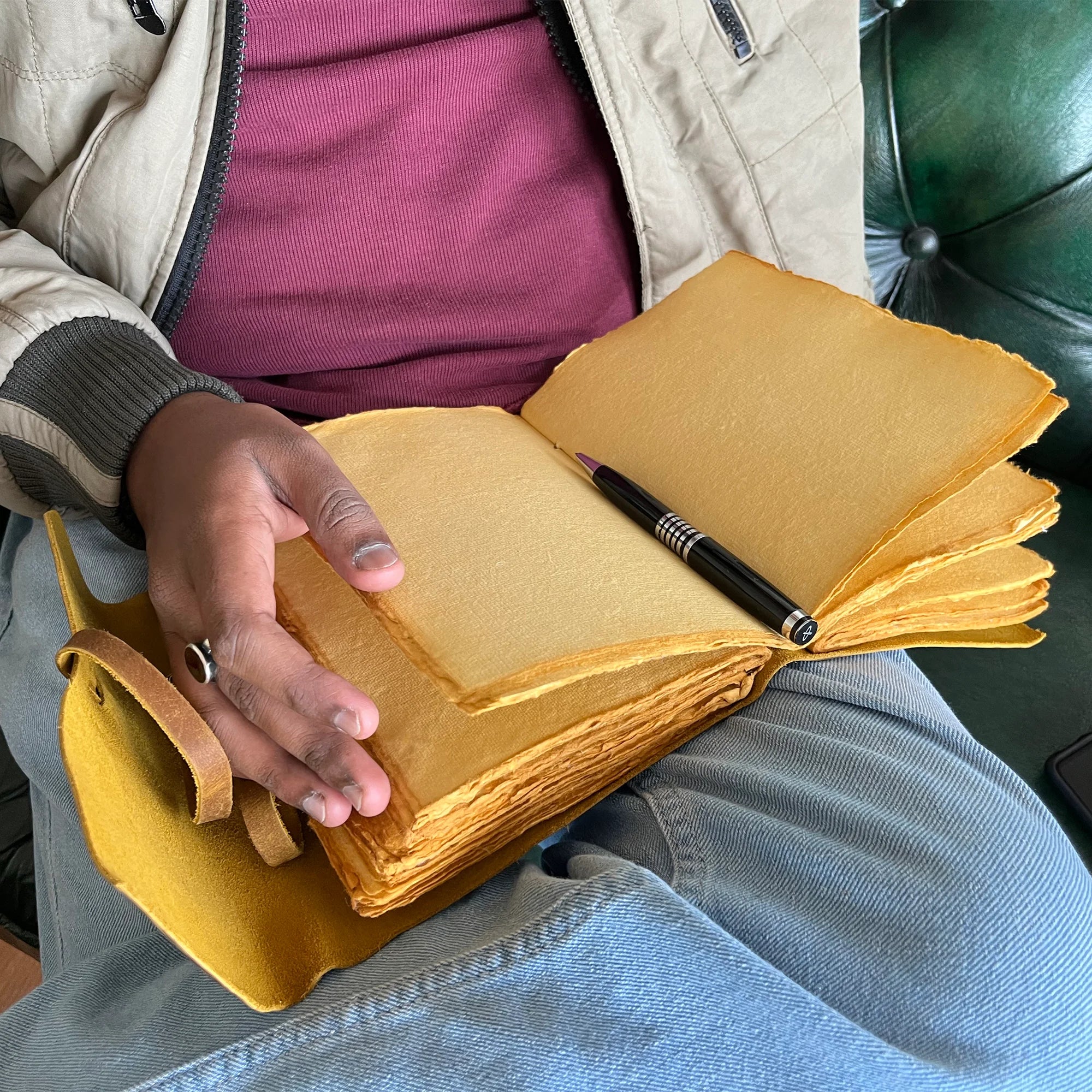 Handmade A5 Leather Bound Journal with Antique Deckle Edge Paper - Rustic Yellow Vintage Notebook for Writing, Sketching & Gift Giving