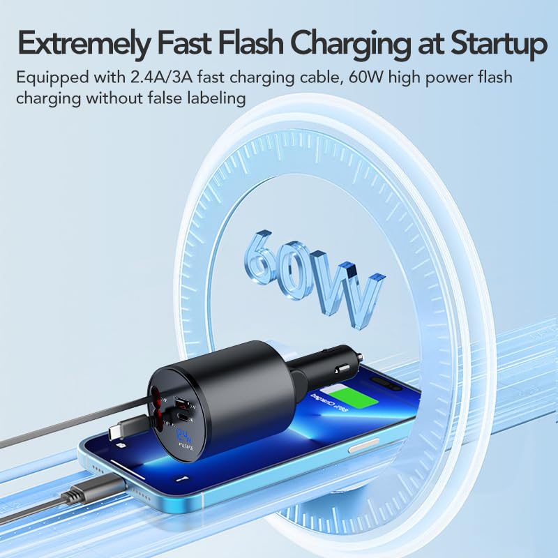 4-in-1 60W Super Fast Retractable Car Charger with 2 USB Ports & 2 Retractable Cables - Compatible with iPhone 16/15/14/13/12/11, AirPods 4, Galaxy & Pixel - Perfect for Road Trips & Daily Commutes