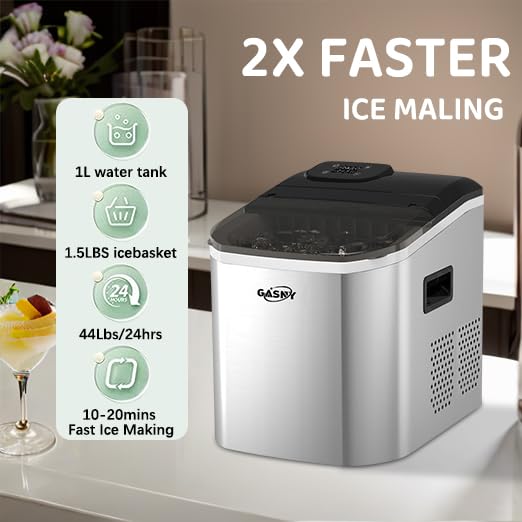 44lbs/24Hrs Countertop Ice Maker Machine - Fast 15-Min Ice Production (24 Cubes) with Adjustable Thickness & Dual Mode - Stainless Steel Self-Cleaning Ice Maker with 3 Water Inlet Methods (Silver) - Perfect for Home Bars, Offices, and Outdoor Parties