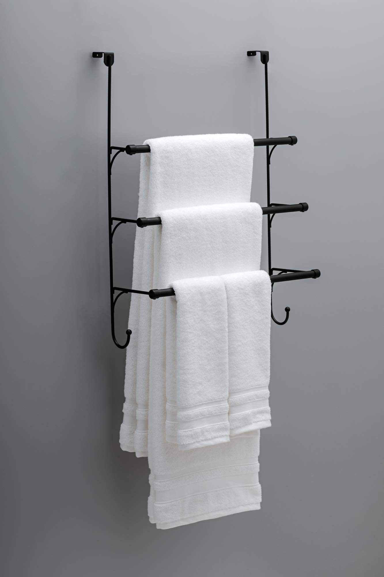 Franklin Brass Triple Over the Door Towel Rack - 3-Tier Matte Black Bathroom Organizer with Hooks for Hand Towels, Robes & Accessories (1-Pack, Model 193153-MB) - Perfect for Small Bathrooms, Apartments & Dorm Storage Solutions