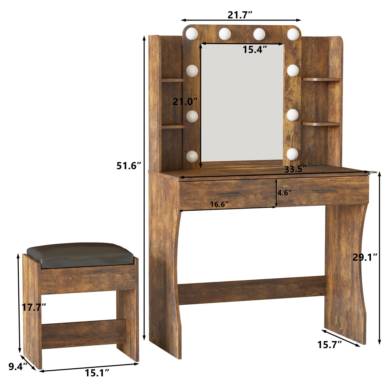Vanity Desk with LED Lights & Power Strip, Makeup Dressing Table Set with 2 Large Drawers & Adjustable 3-Color Mirror, Rustic Brown - Perfect for Bedroom, Home Salon & Beauty Room Organization