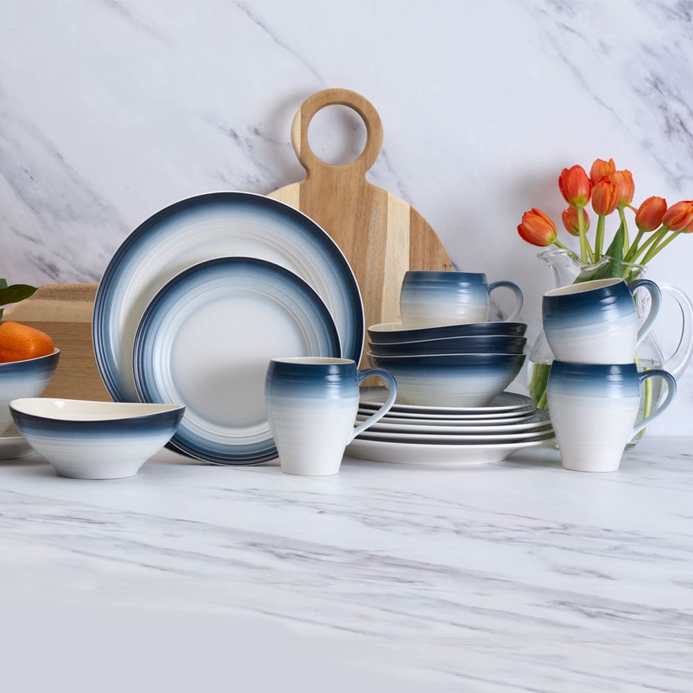 Swirl Ombre Blue 16-Piece Dinnerware Set - Service for 4 | Elegant Tableware for Dinner Parties, Family Gatherings & Special Occasions