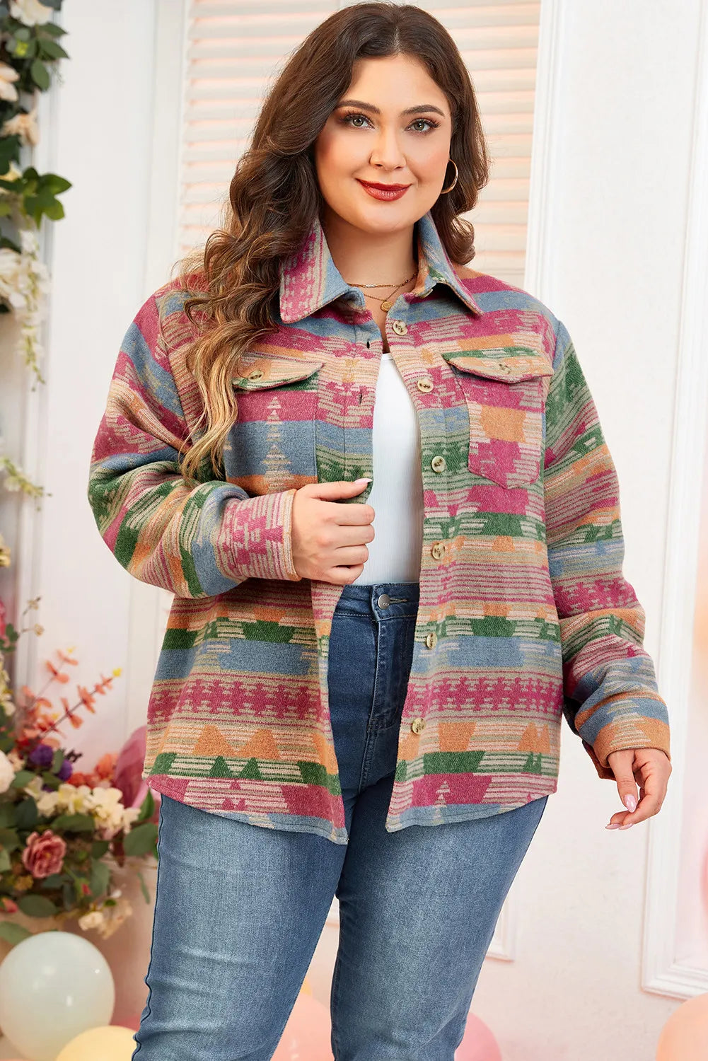 **Plus Size Women's Printed Collared Jacket with Pockets - Stylish & Comfortable for Work, Travel & Casual Outings**