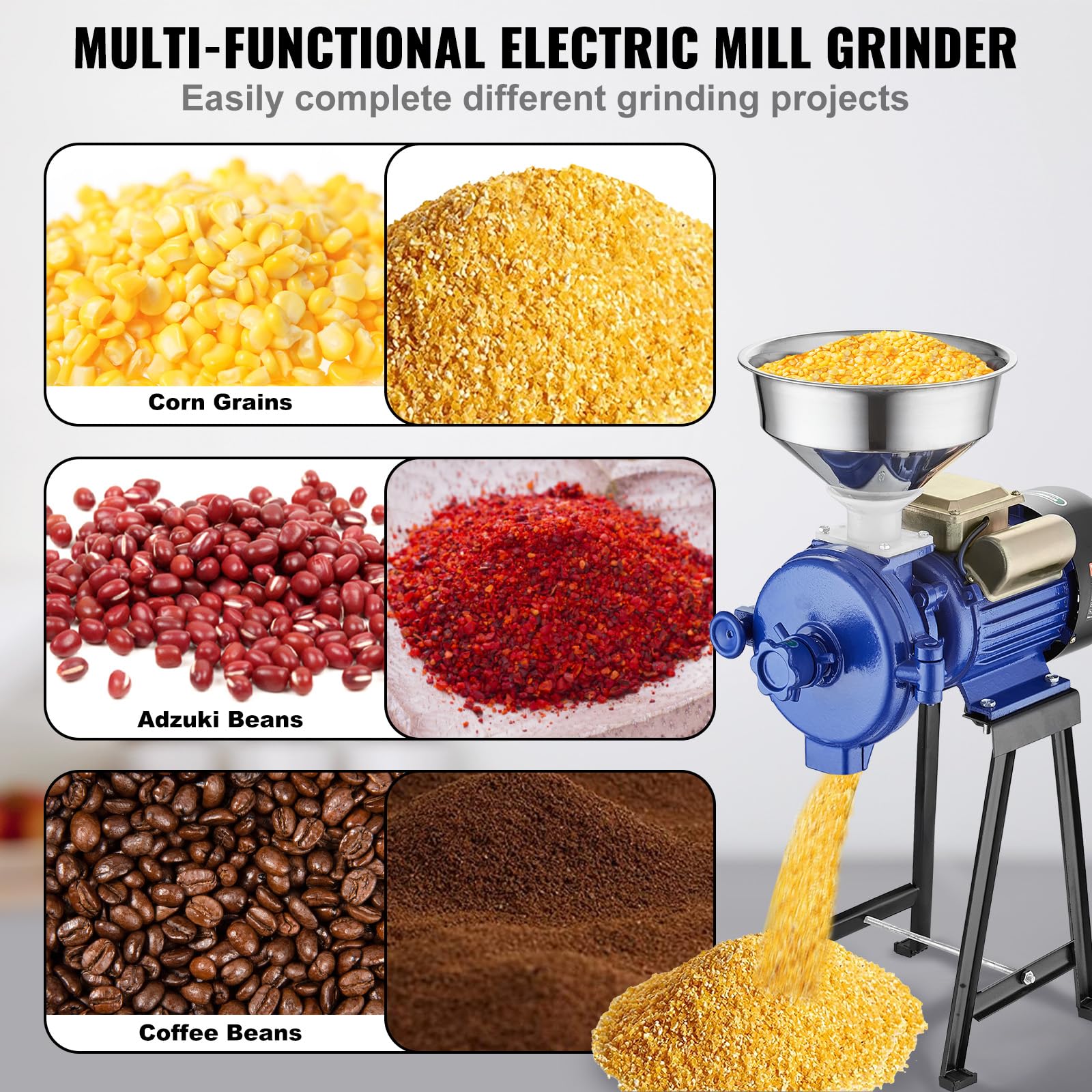 VEVOR 3000W Commercial Electric Grain Mill Grinder - Adjustable Corn Wheat Spice Grinder with Funnel for Flour, Cereal & Feed | Heavy Duty Powder Machine for Home, Bakery & Restaurant Use