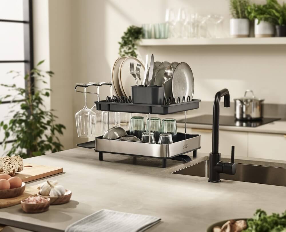 Joseph Joseph Excel Steel 2-Tier Dish Rack - Space Saving Kitchen Organizer for Drying Dishes, Cups & Utensils | Perfect for Small Kitchens & Countertops