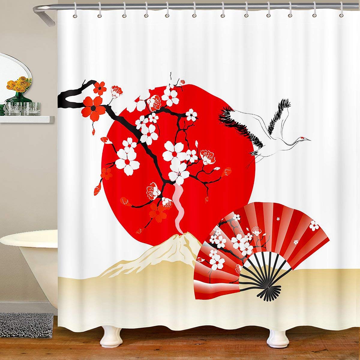 Japanese Cherry Blossom Shower Curtain - Traditional Crane Print Bathroom Decor with 12 Rustproof Grommets, Waterproof Fabric 72x84 Inches - Perfect for Spa, Zen Bathroom & Asian-Inspired Home Decor