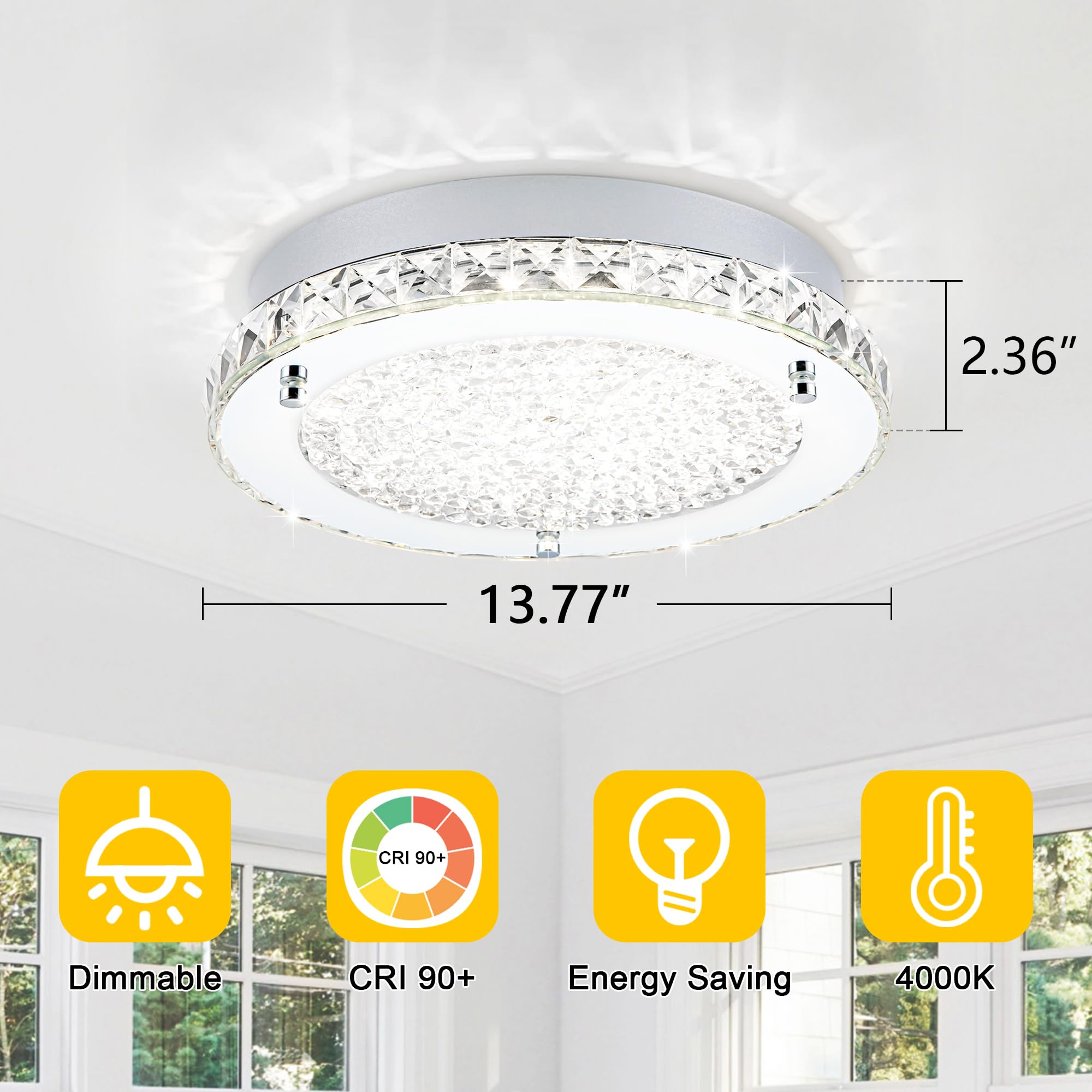 Dimmable Crystal LED Ceiling Light Fixture - 24W 4000K Daylight Flush Mount for Kitchen, Bedroom, Bathroom & Living Room | Elegant Lighting for Hallways & Home Decor