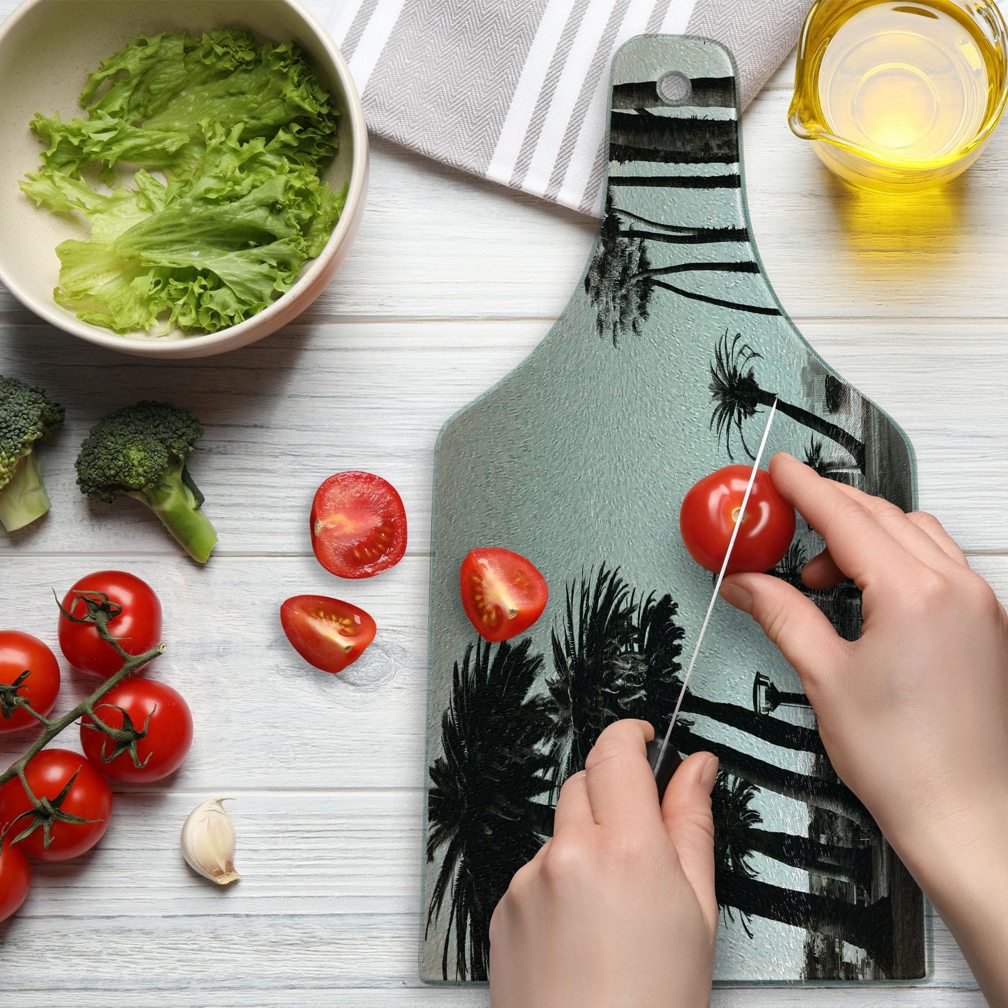 Ambesonne Tempered Glass Cutting Board - Wine Bottle Shape with Palm Tree & Los Angeles Downtown Park Design - Dark Brown & White - Perfect for Serving Cheese, Charcuterie & Wine Pairings at Parties & Gatherings