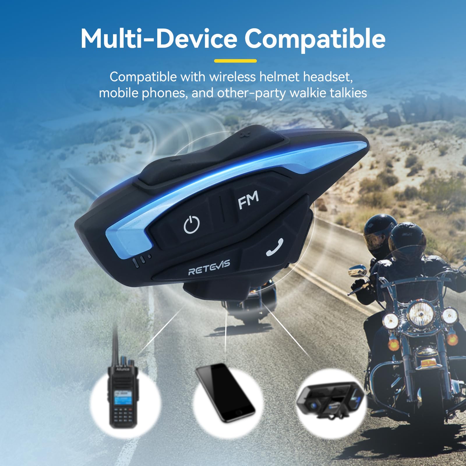 Retevis EZTalk 3A Motorcycle Bluetooth Helmet Intercom Headset - 5.1 Wireless Communication System with CVC Noise Cancellation, Music Sharing & IP65 Waterproof for 2 Riders (1000m Range) - Perfect for Group Riding, Road Trips & Adventure Motorcycling