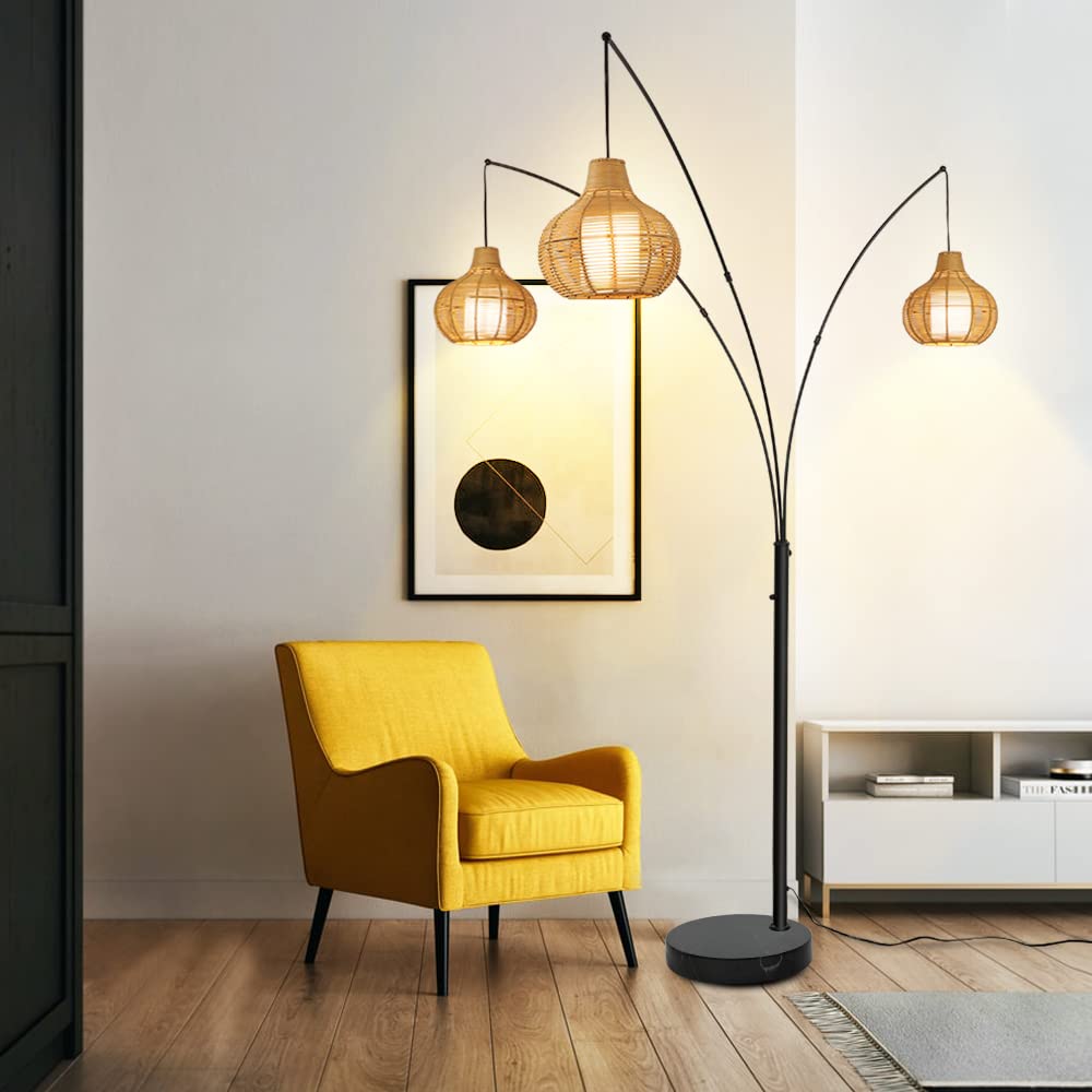 Depuley 3-Light LED Arc Floor Lamp - Adjustable Modern Standing Reading Light with Bamboo Shade & Marble Base, Tall Rattan Floor Lamp for Living Room, Bedroom, Office - E26 Bulbs Included - Perfect for Cozy Reading Nooks & Modern Home Decor