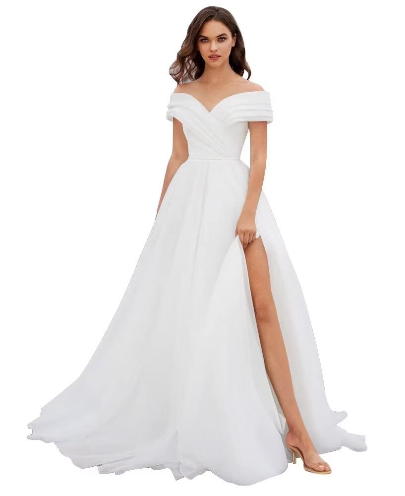 2023 Off Shoulder Tulle Prom Dresses with Slit & Ruched Detail - Elegant Long Wedding Ball Gowns for Women | Perfect for Formal Dances, Galas & Special Occasions