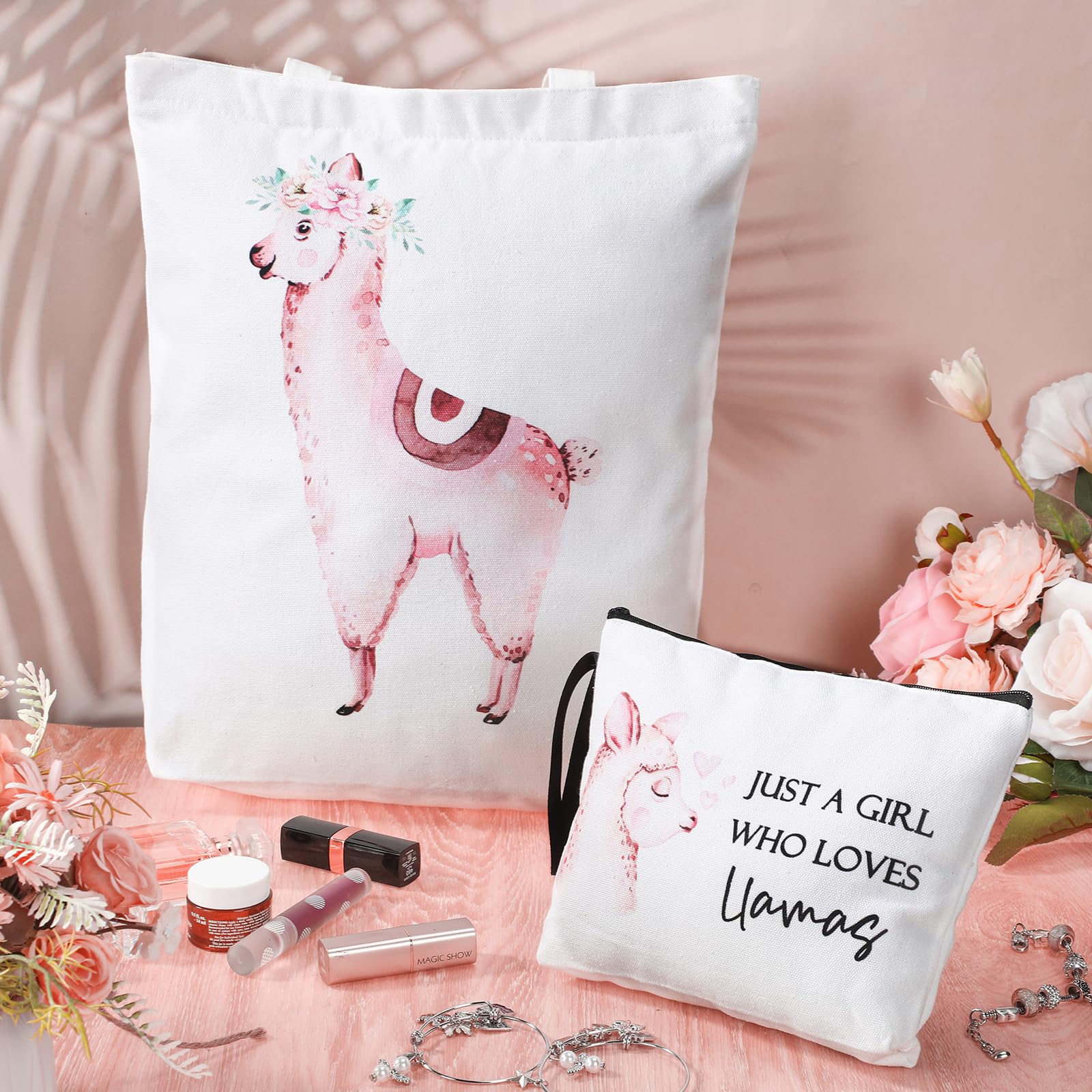 2 Pack Cute Llama Gift Set for Women - Canvas Tote Bag & Makeup Pouch - Perfect Mothers Day, Birthday Gifts for Sister, Friends & Animal Lovers - Great for Travel, Shopping & Everyday Use