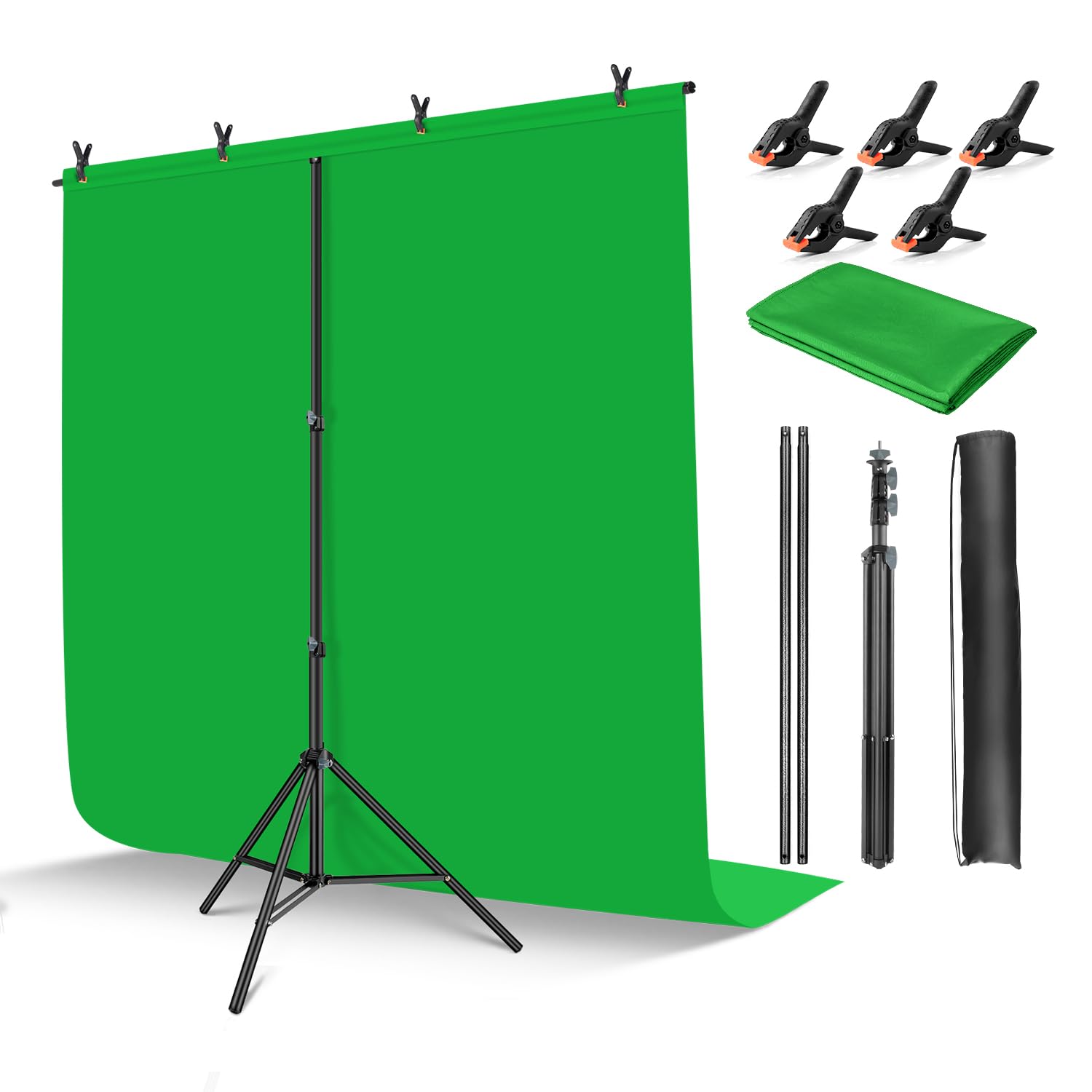 HEMMOTOP 5x6.5 ft Portable Green Screen Backdrop Kit with Stand - Professional Chroma Key Background for Live Streaming, YouTube Videos, Zoom Meetings & Gaming - Includes Clips & Carrying Bag for Easy Setup & Transport
