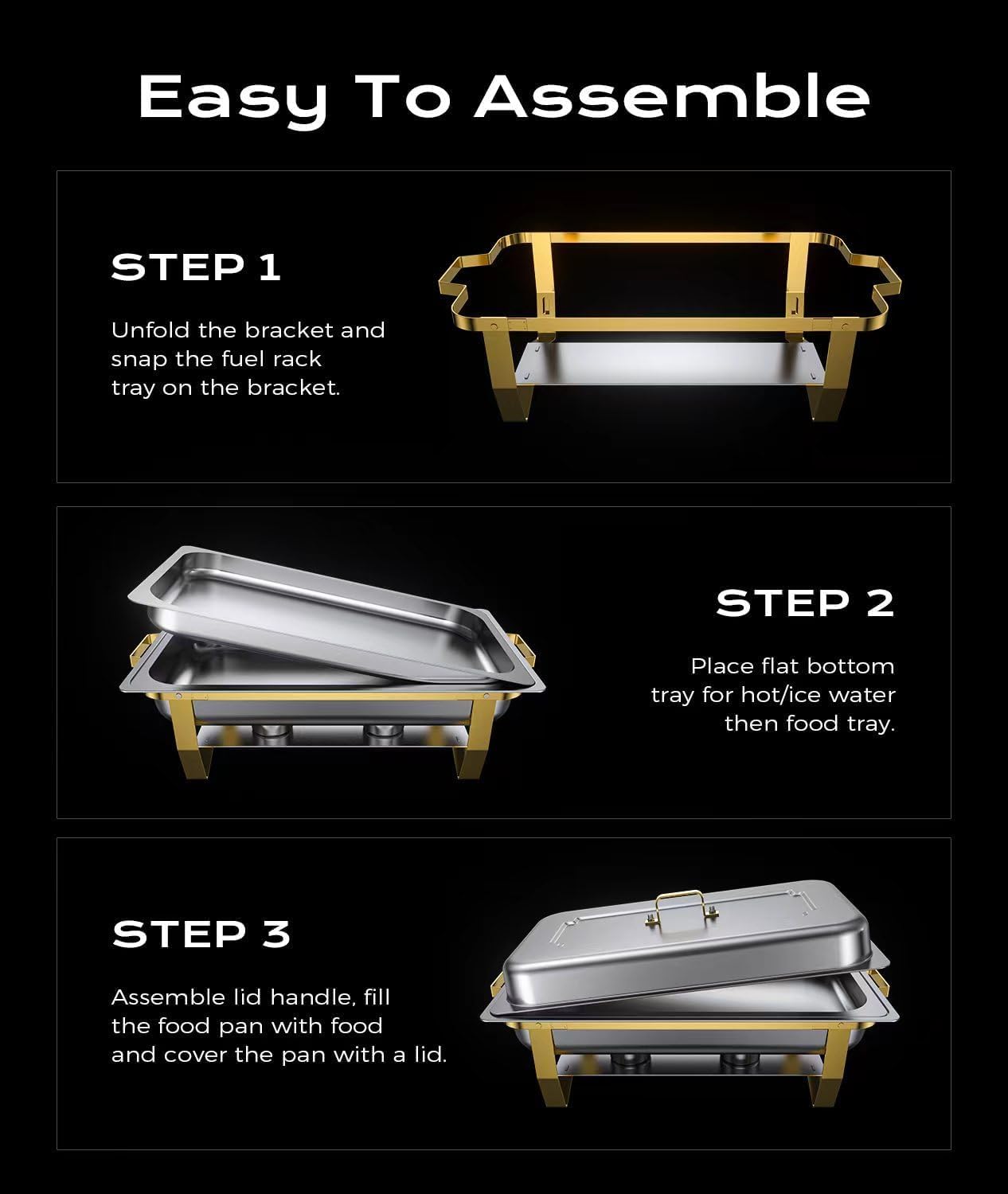 4-Pack Stainless Steel Buffet Chafing Dishes Set - 8QT Elegant & Sturdy Food Warmers for Catering, Weddings, Parties (Gold & Silver) - Keep Meals Hot at Events, Banquets & Buffet Serving