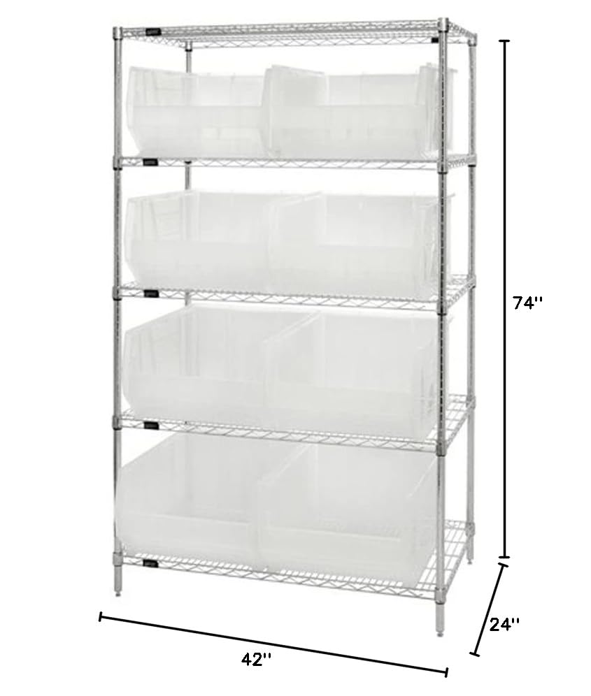 Quantum Storage Systems WR5-955BL 5-Tier Heavy Duty Wire Shelving Unit with 8 Blue Hulk Bins - Chrome Finish, 24