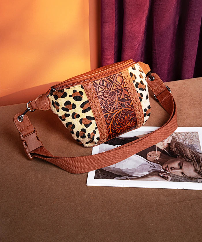 Montana West Floral Tooled Leather Fanny Pack for Women - Stylish Waist Bag with Adjustable Belt for Hiking, Travel & Outdoor Activities
