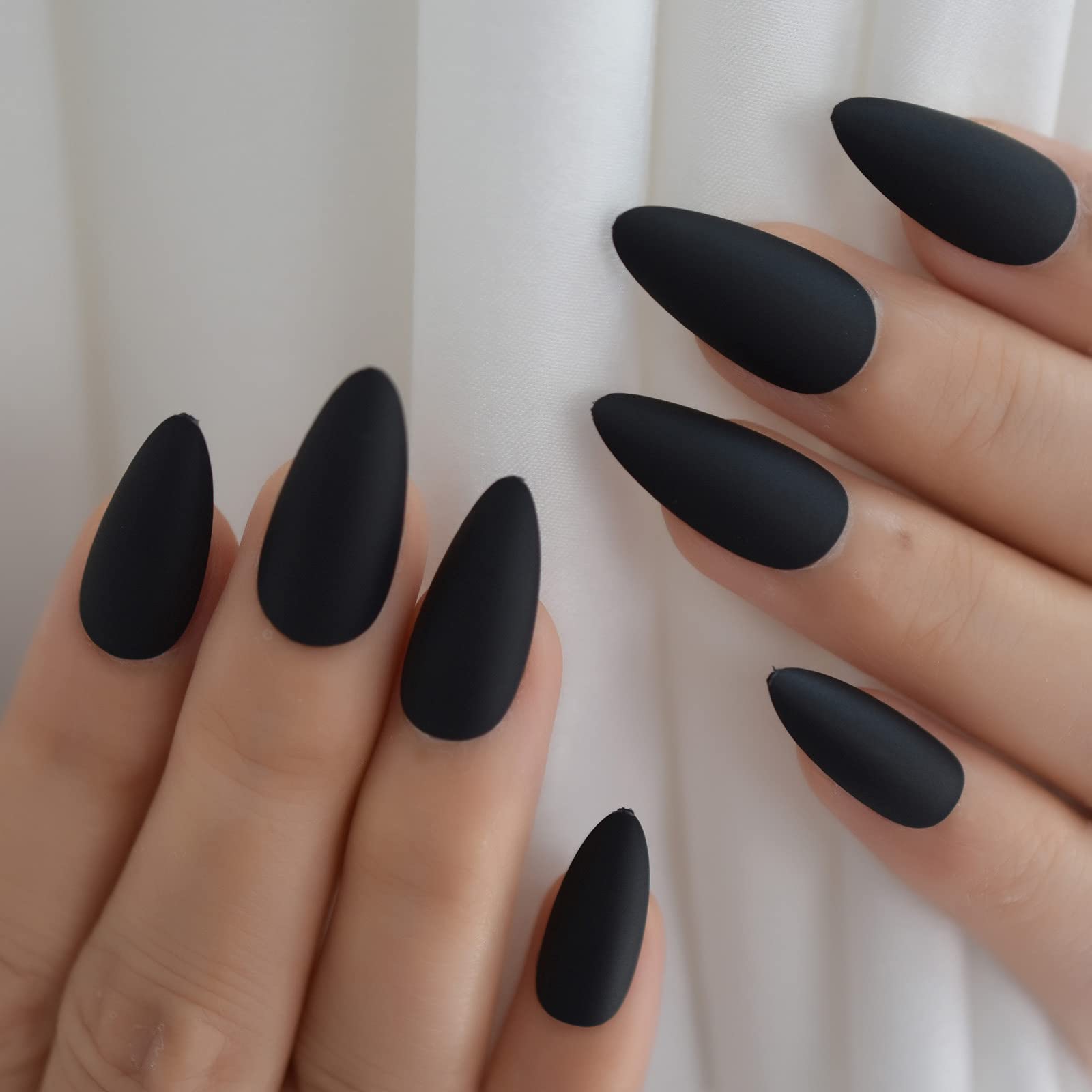 iMABC Matte Black Press On Nails - Medium Almond Acrylic Fake Nails Kit with Stiletto Full Cover Tips | Solid Color Nail Extensions for Women | Perfect for Parties, Weddings & Daily Wear